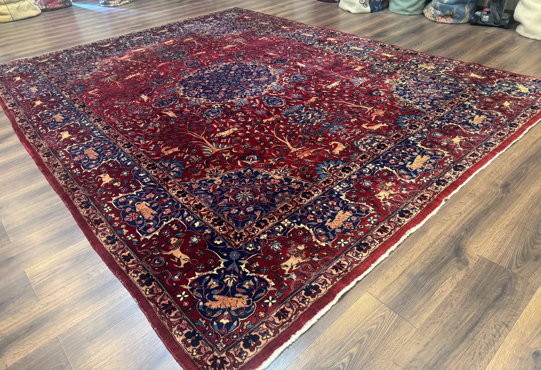 Antique Indo Persian Kerman Rug 9x12 Red Manchester Wool Animal Pictorials, Fine 290 KPSI - Jewel RugsShopify CollectiveHUNTEDFOX - Antique Indo Persian Kerman Rug 9x12 Red Manchester Wool Animal Pictorials, Fine 290 KPSI