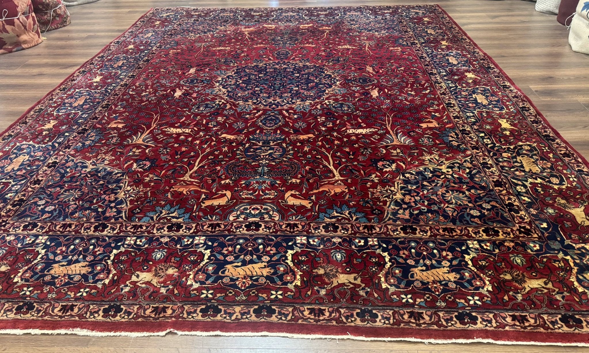 Antique Indo Persian Kerman Rug 9x12 Red Manchester Wool Animal Pictorials, Fine 290 KPSI - Jewel RugsShopify CollectiveHUNTEDFOX - Antique Indo Persian Kerman Rug 9x12 Red Manchester Wool Animal Pictorials, Fine 290 KPSI