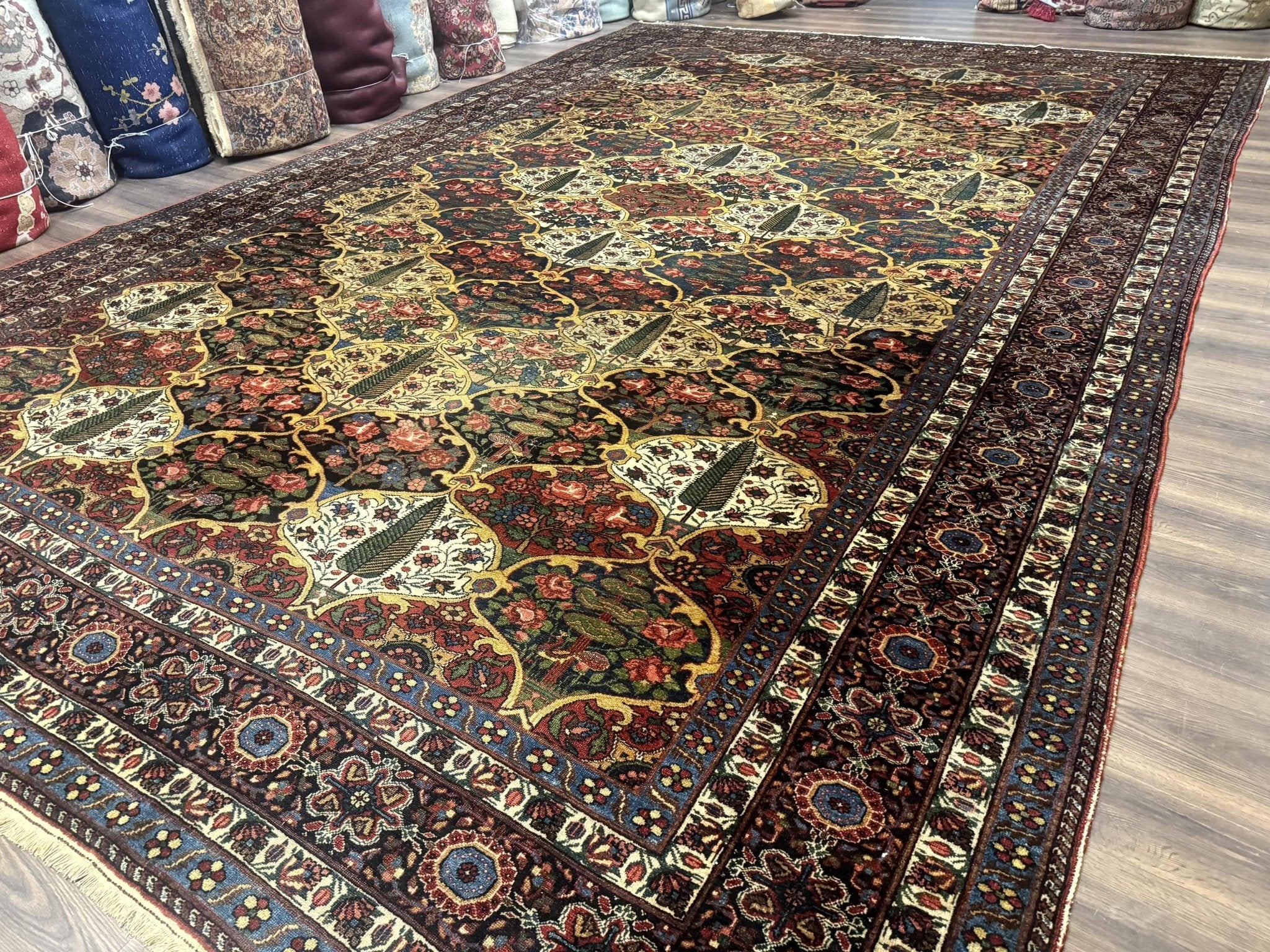 Antique Persian Bakhtiari Rug 12x19, Palace Size Wool Handmade Persian Carpet, Oversized Rug, Panel Design, Peacocks, Multicolor, Rare - Jewel RugsShopify CollectiveHUNTEDFOX - Antique Persian Bakhtiari Rug 12x19, Palace Size Wool Handmade Persian Carpet, Oversized Rug, Panel Design, Peacocks, Multicolor, Rare