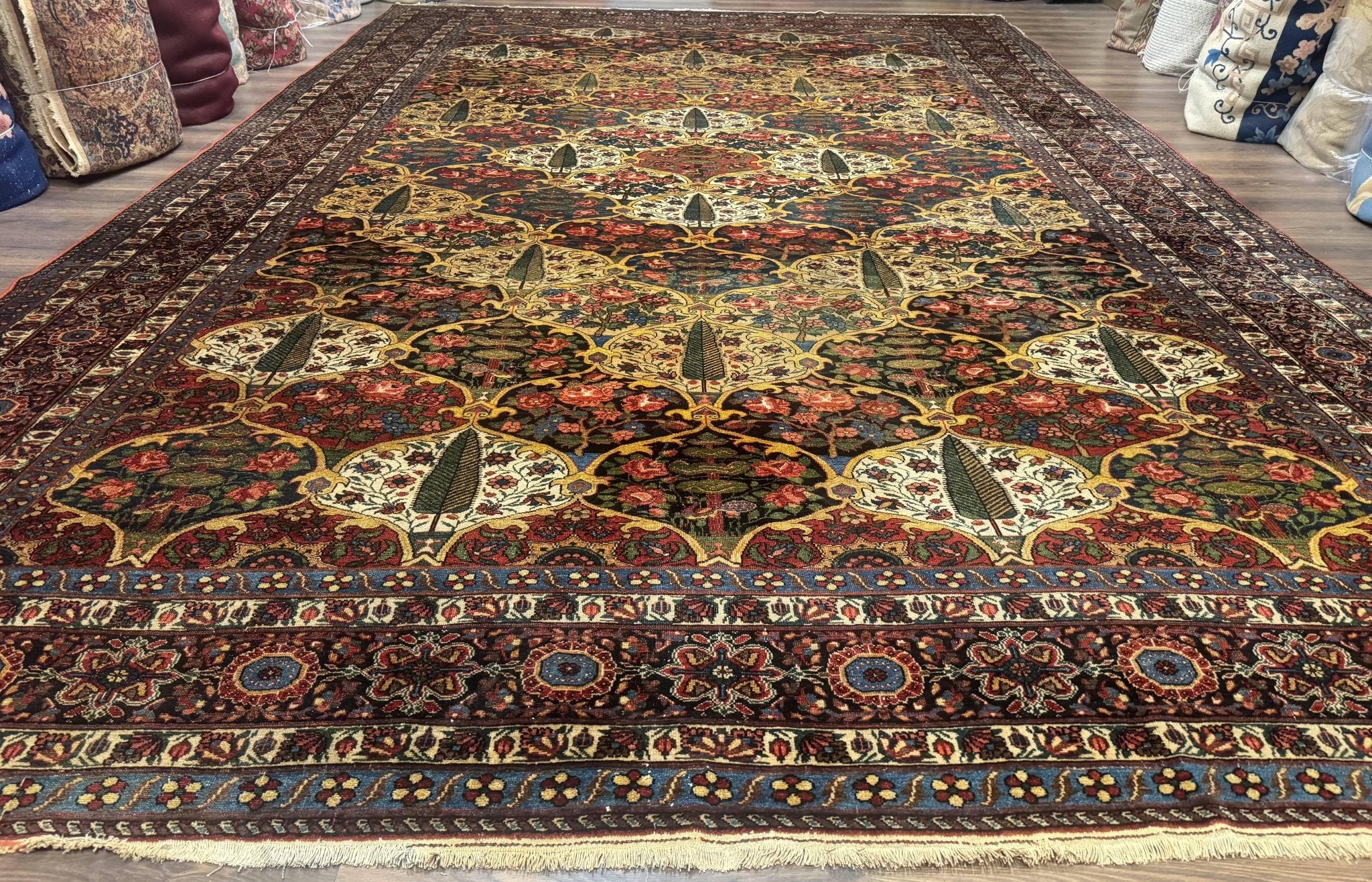 Antique Persian Bakhtiari Rug 12x19, Palace Size Wool Handmade Persian Carpet, Oversized Rug, Panel Design, Peacocks, Multicolor, Rare - Jewel RugsShopify CollectiveHUNTEDFOX - Antique Persian Bakhtiari Rug 12x19, Palace Size Wool Handmade Persian Carpet, Oversized Rug, Panel Design, Peacocks, Multicolor, Rare