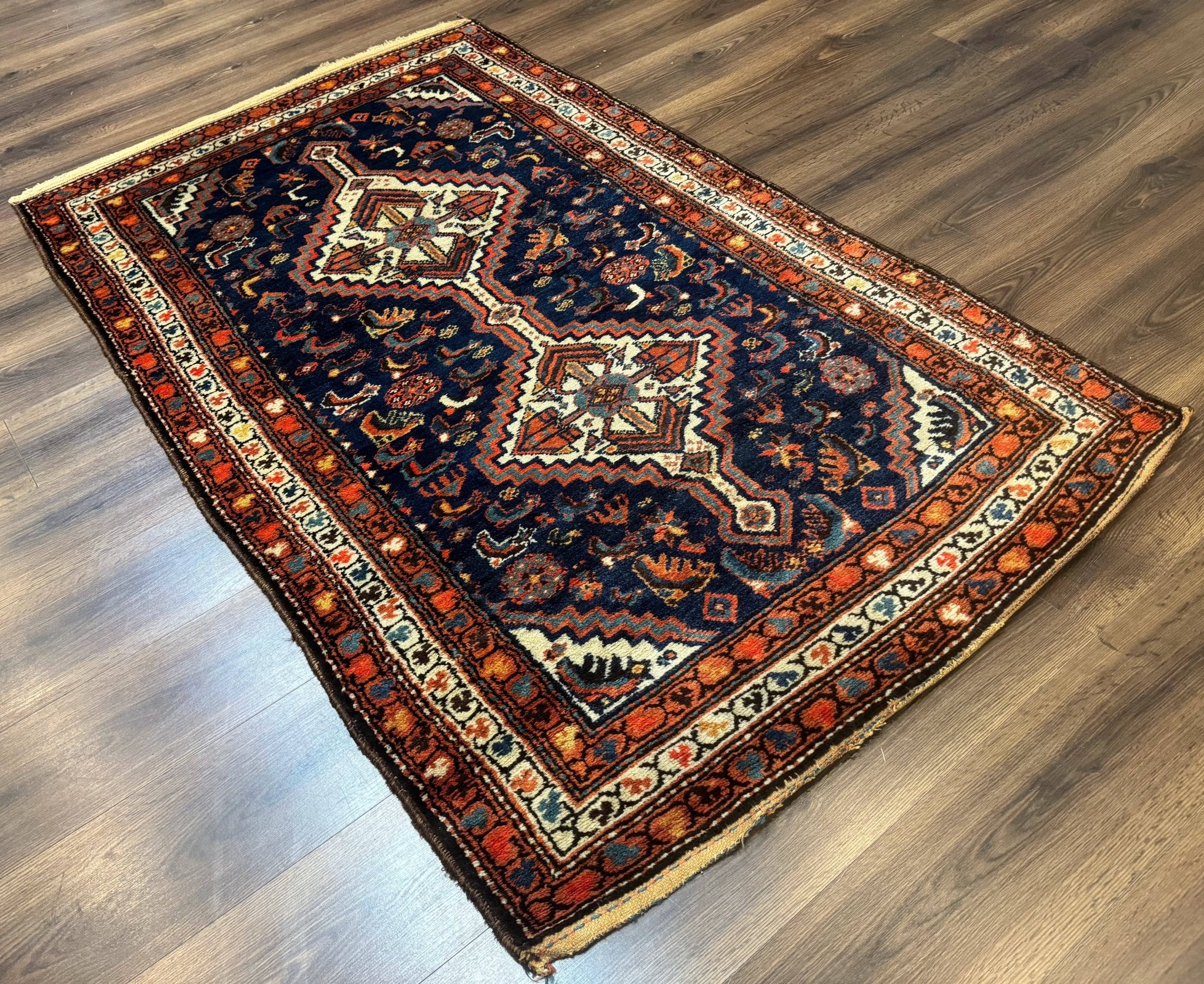 Antique Persian Hamadan Rug 4x6, Geometric, Double Medallions, Navy Blue, Tribal Carpet - Jewel RugsShopify CollectiveHUNTEDFOX - Antique Persian Hamadan Rug 4x6, Geometric, Double Medallions, Navy Blue, Tribal Carpet