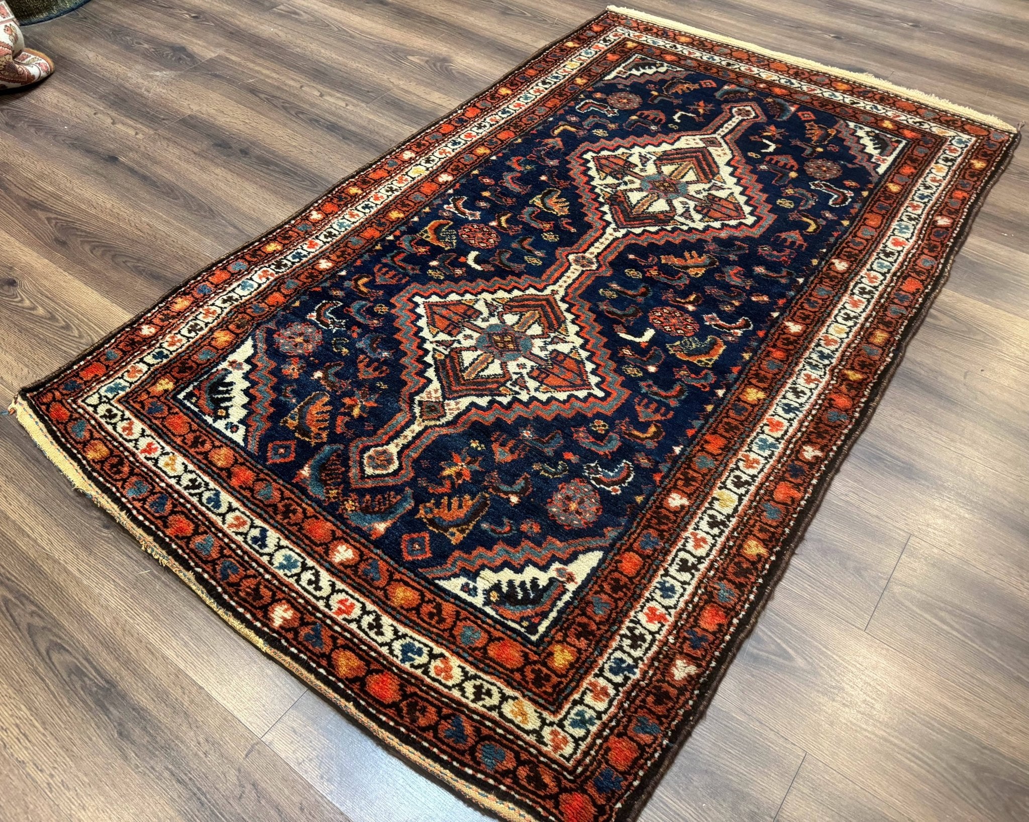 Antique Persian Hamadan Rug 4x6, Geometric, Double Medallions, Navy Blue, Tribal Carpet - Jewel RugsShopify CollectiveHUNTEDFOX - Antique Persian Hamadan Rug 4x6, Geometric, Double Medallions, Navy Blue, Tribal Carpet