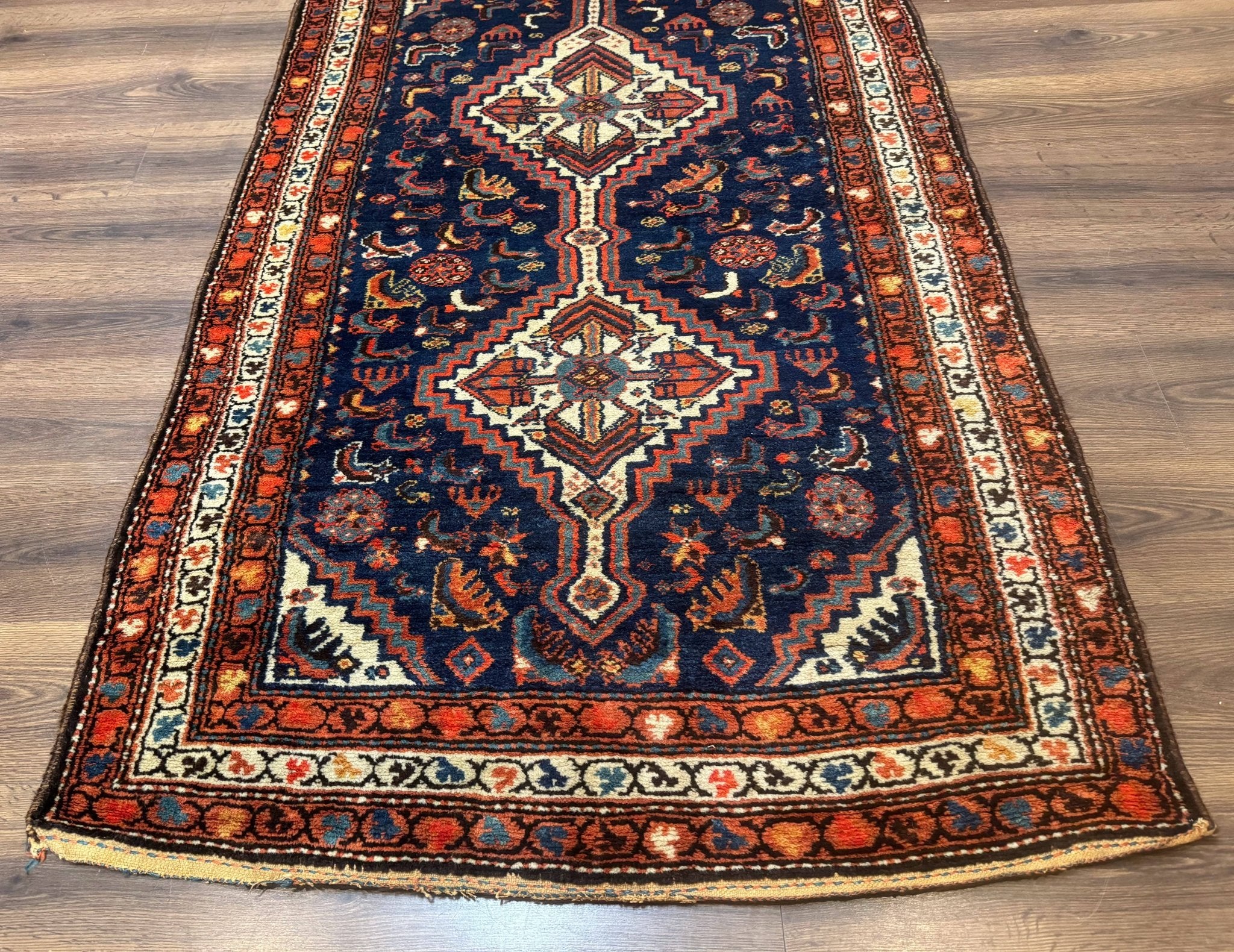 Antique Persian Hamadan Rug 4x6, Geometric, Double Medallions, Navy Blue, Tribal Carpet - Jewel RugsShopify CollectiveHUNTEDFOX - Antique Persian Hamadan Rug 4x6, Geometric, Double Medallions, Navy Blue, Tribal Carpet