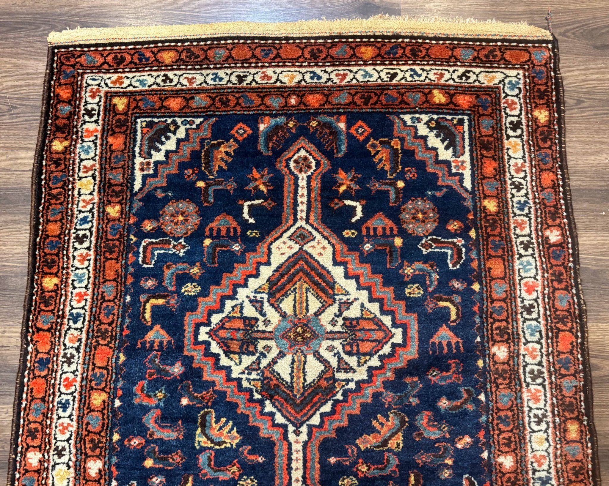 Antique Persian Hamadan Rug 4x6, Geometric, Double Medallions, Navy Blue, Tribal Carpet - Jewel RugsShopify CollectiveHUNTEDFOX - Antique Persian Hamadan Rug 4x6, Geometric, Double Medallions, Navy Blue, Tribal Carpet