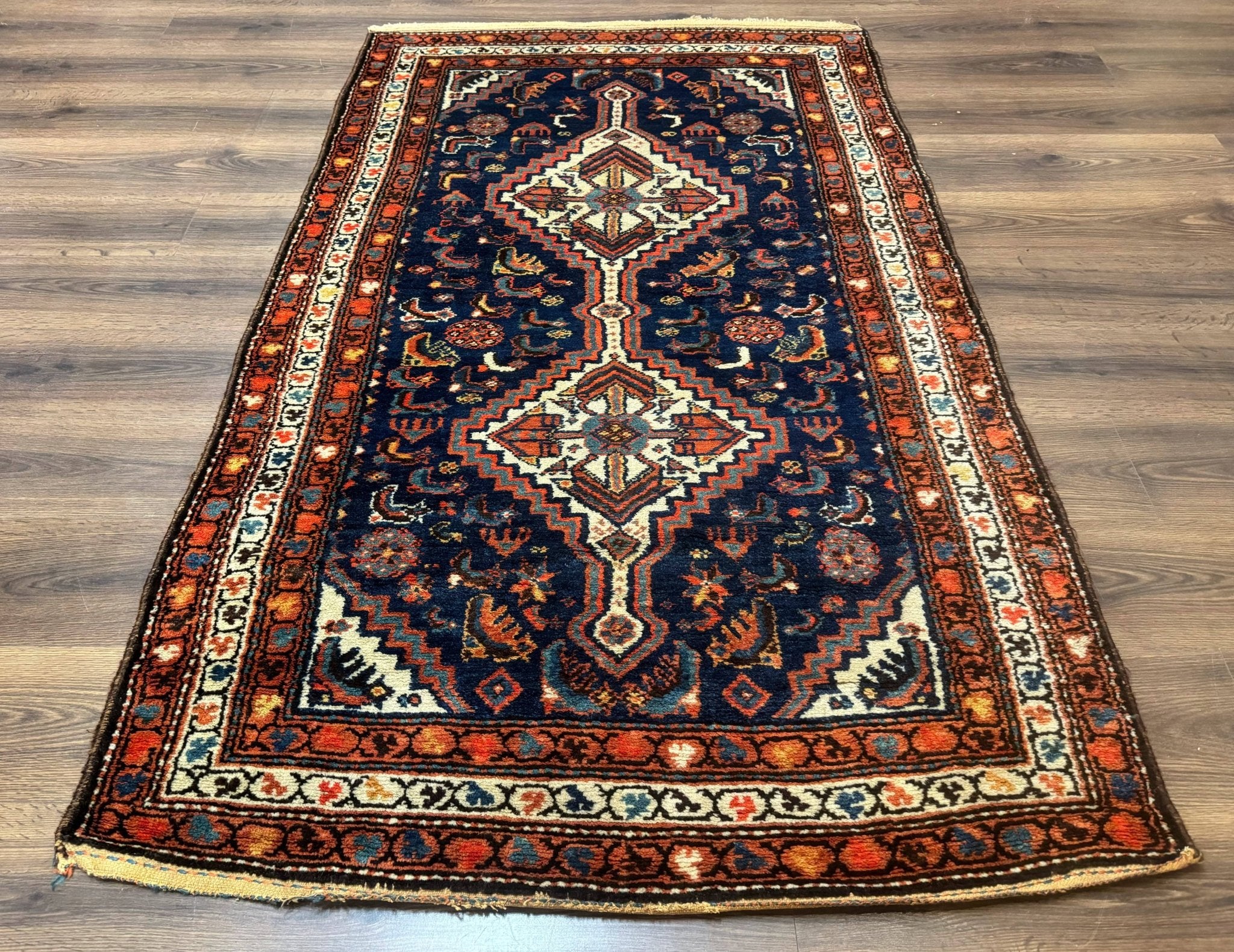 Antique Persian Hamadan Rug 4x6, Geometric, Double Medallions, Navy Blue, Tribal Carpet - Jewel RugsShopify CollectiveHUNTEDFOX - Antique Persian Hamadan Rug 4x6, Geometric, Double Medallions, Navy Blue, Tribal Carpet