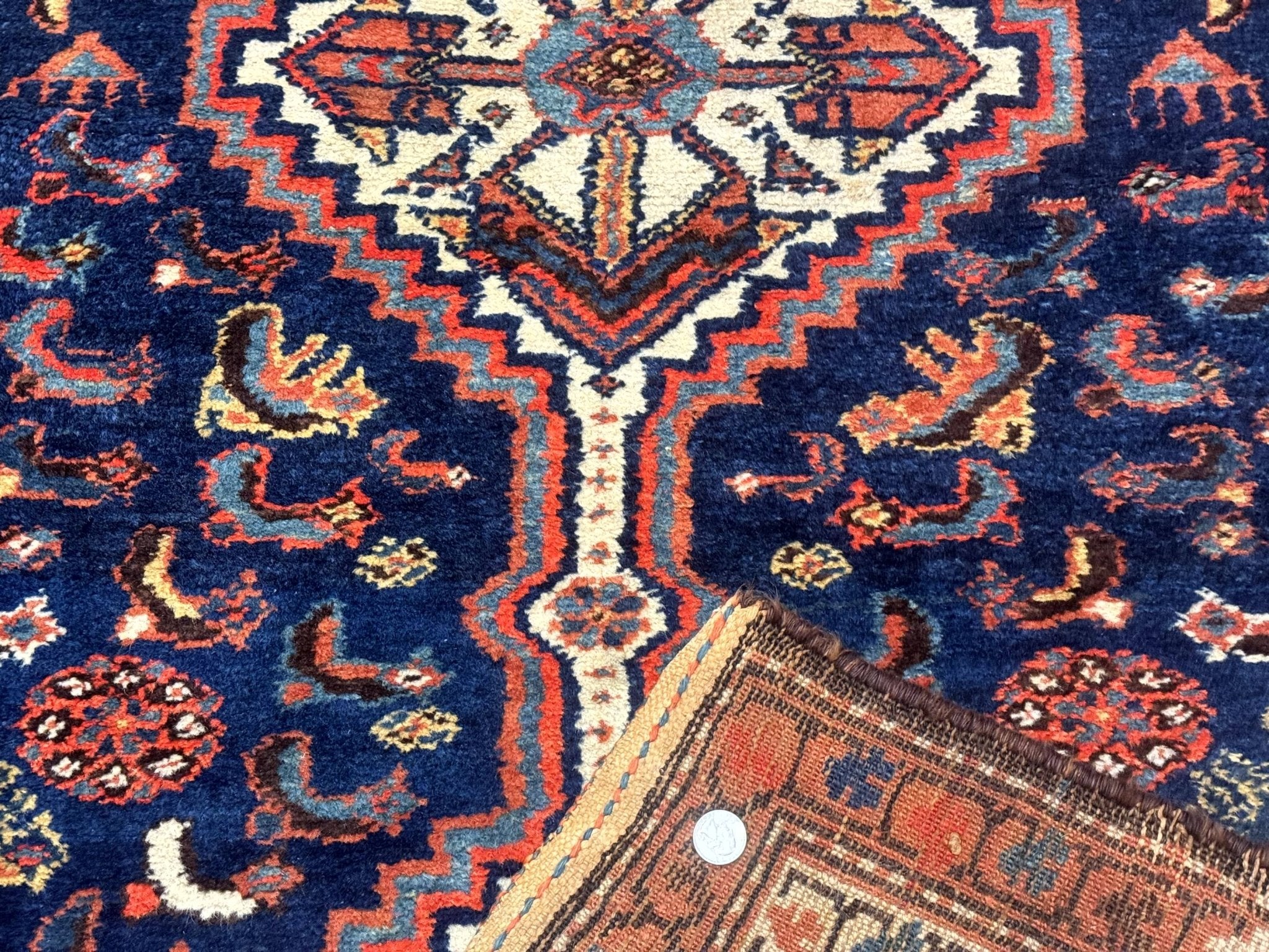 Antique Persian Hamadan Rug 4x6, Geometric, Double Medallions, Navy Blue, Tribal Carpet - Jewel RugsShopify CollectiveHUNTEDFOX - Antique Persian Hamadan Rug 4x6, Geometric, Double Medallions, Navy Blue, Tribal Carpet