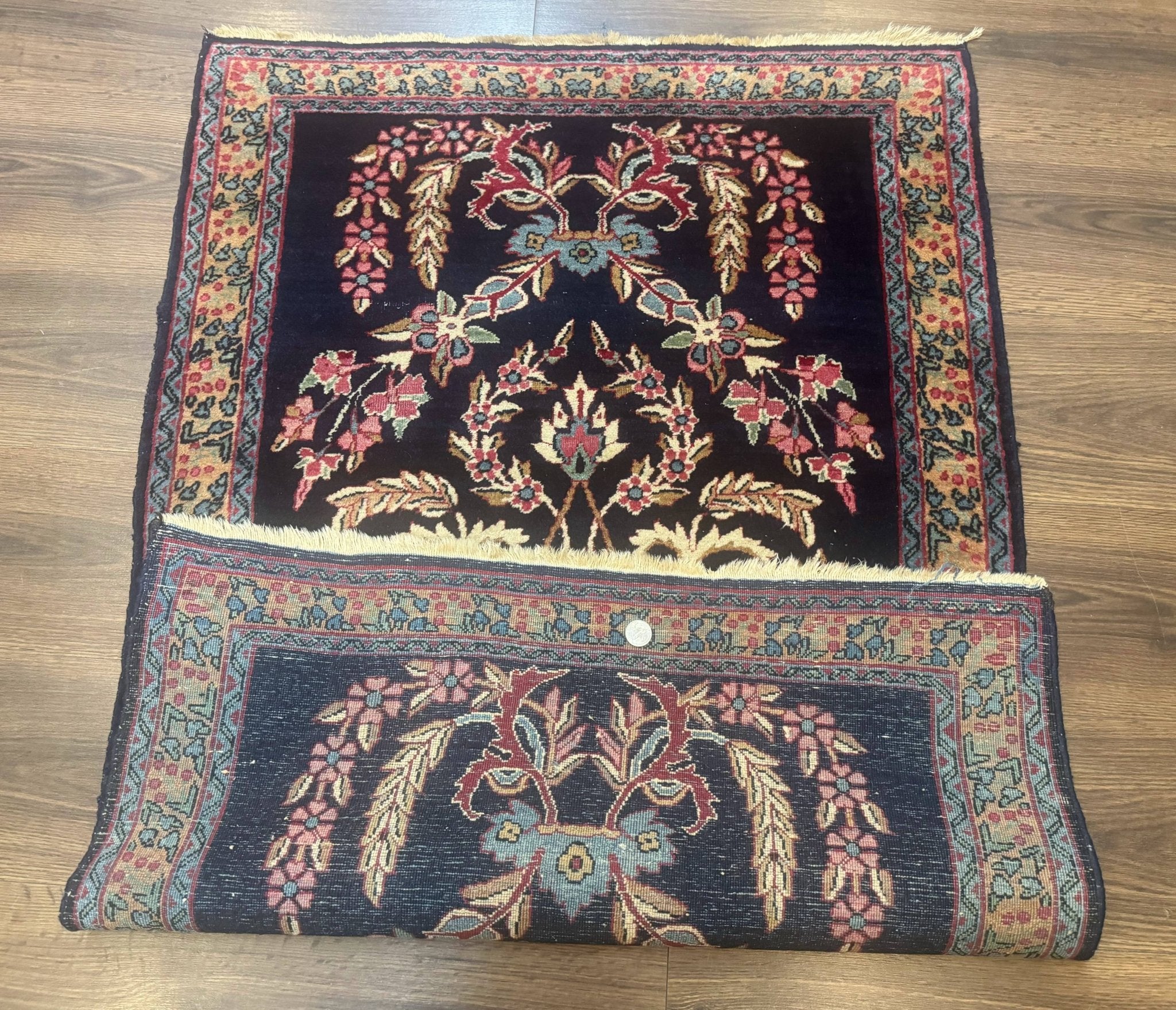 Antique Persian Kerman Rug 2.8 x 4, Navy Blue, Floral - Jewel RugsShopify CollectiveHUNTEDFOX - Antique Persian Kerman Rug 2.8 x 4, Navy Blue, Floral