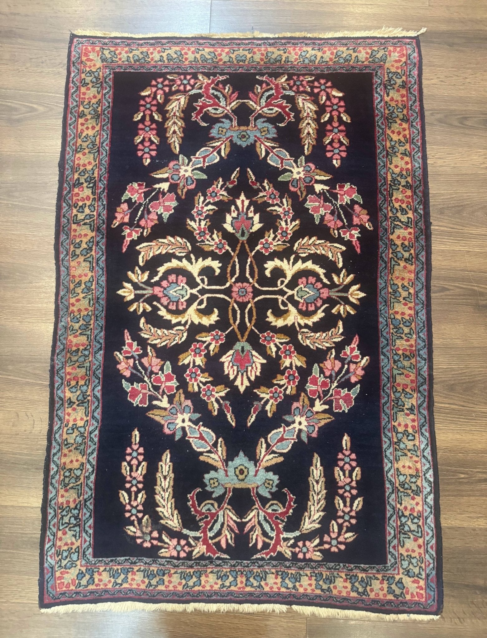 Antique Persian Kerman Rug 2.8 x 4, Navy Blue, Floral - Jewel RugsShopify CollectiveHUNTEDFOX - Antique Persian Kerman Rug 2.8 x 4, Navy Blue, Floral