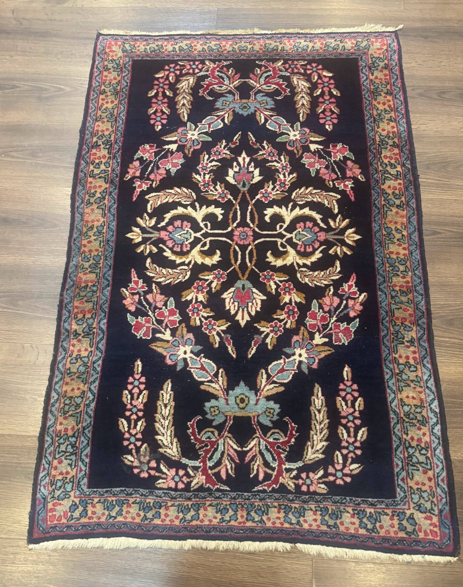 Antique Persian Kerman Rug 2.8 x 4, Navy Blue, Floral - Jewel RugsShopify CollectiveHUNTEDFOX - Antique Persian Kerman Rug 2.8 x 4, Navy Blue, Floral
