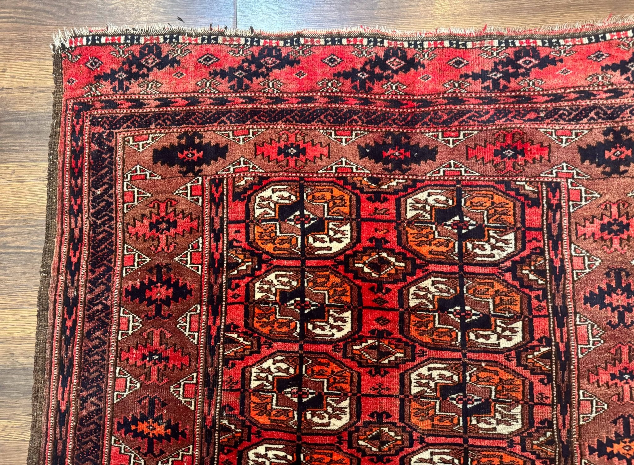 Antique Turkoman Rug 3.7 x 6.7, Red, Wool Runner Rug - Jewel RugsShopify CollectiveHUNTEDFOX - Antique Turkoman Rug 3.7 x 6.7, Red, Wool Runner Rug