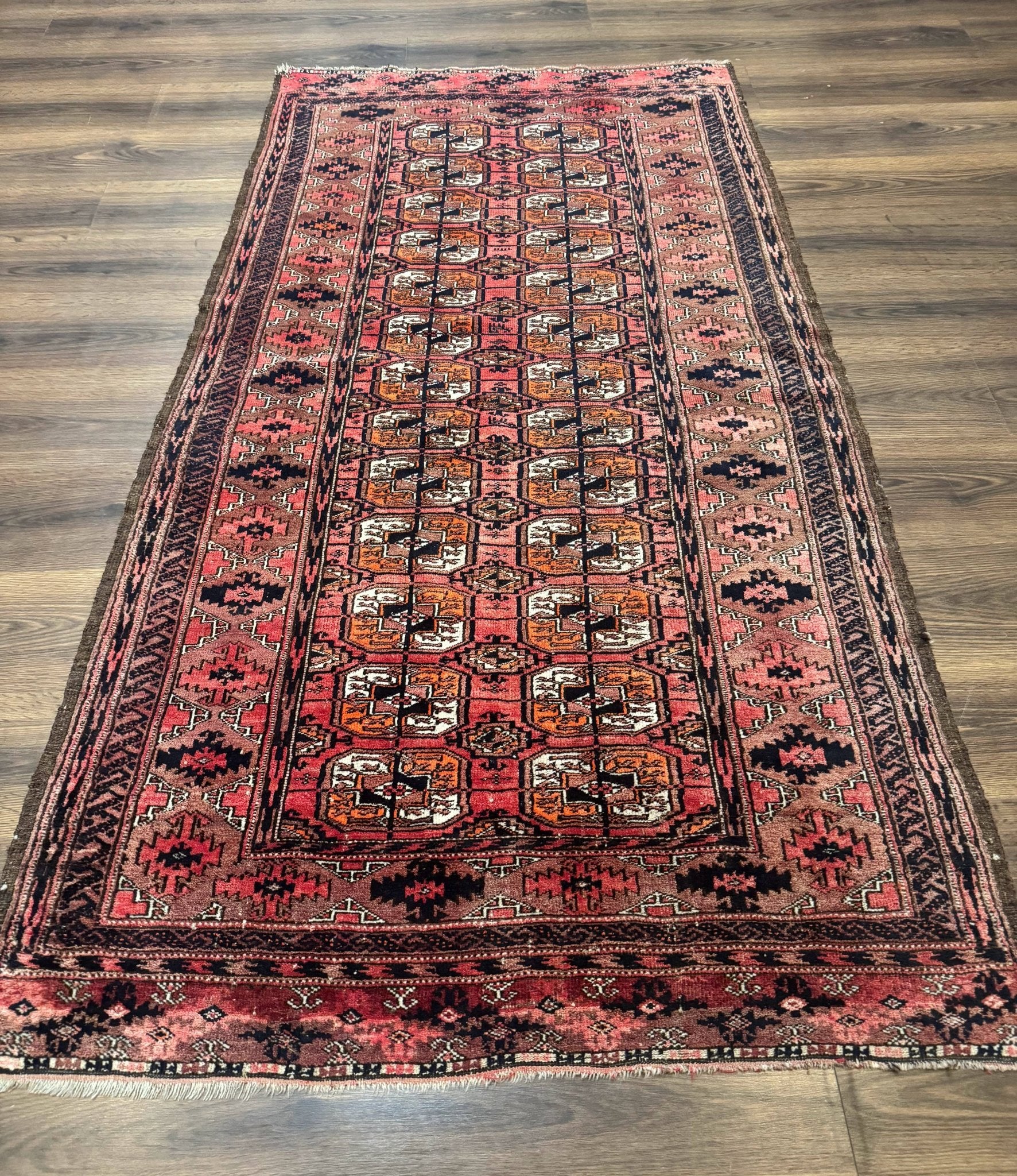 Antique Turkoman Rug 3.7 x 6.7, Red, Wool Runner Rug - Jewel RugsShopify CollectiveHUNTEDFOX - Antique Turkoman Rug 3.7 x 6.7, Red, Wool Runner Rug