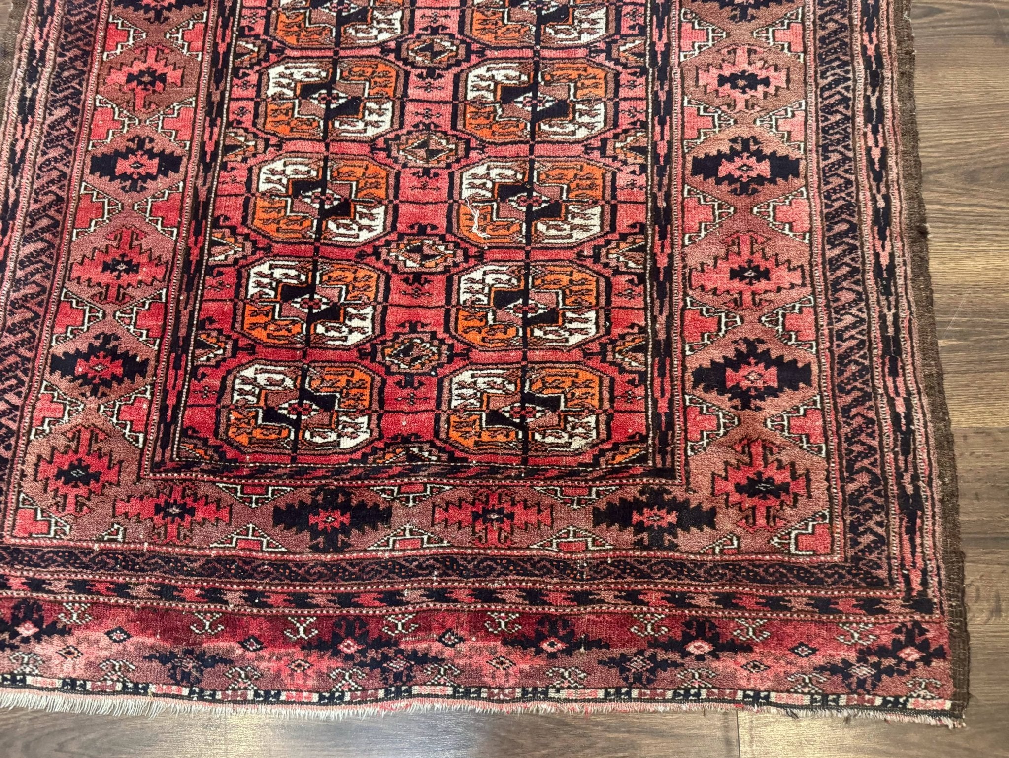Antique Turkoman Rug 3.7 x 6.7, Red, Wool Runner Rug - Jewel RugsShopify CollectiveHUNTEDFOX - Antique Turkoman Rug 3.7 x 6.7, Red, Wool Runner Rug