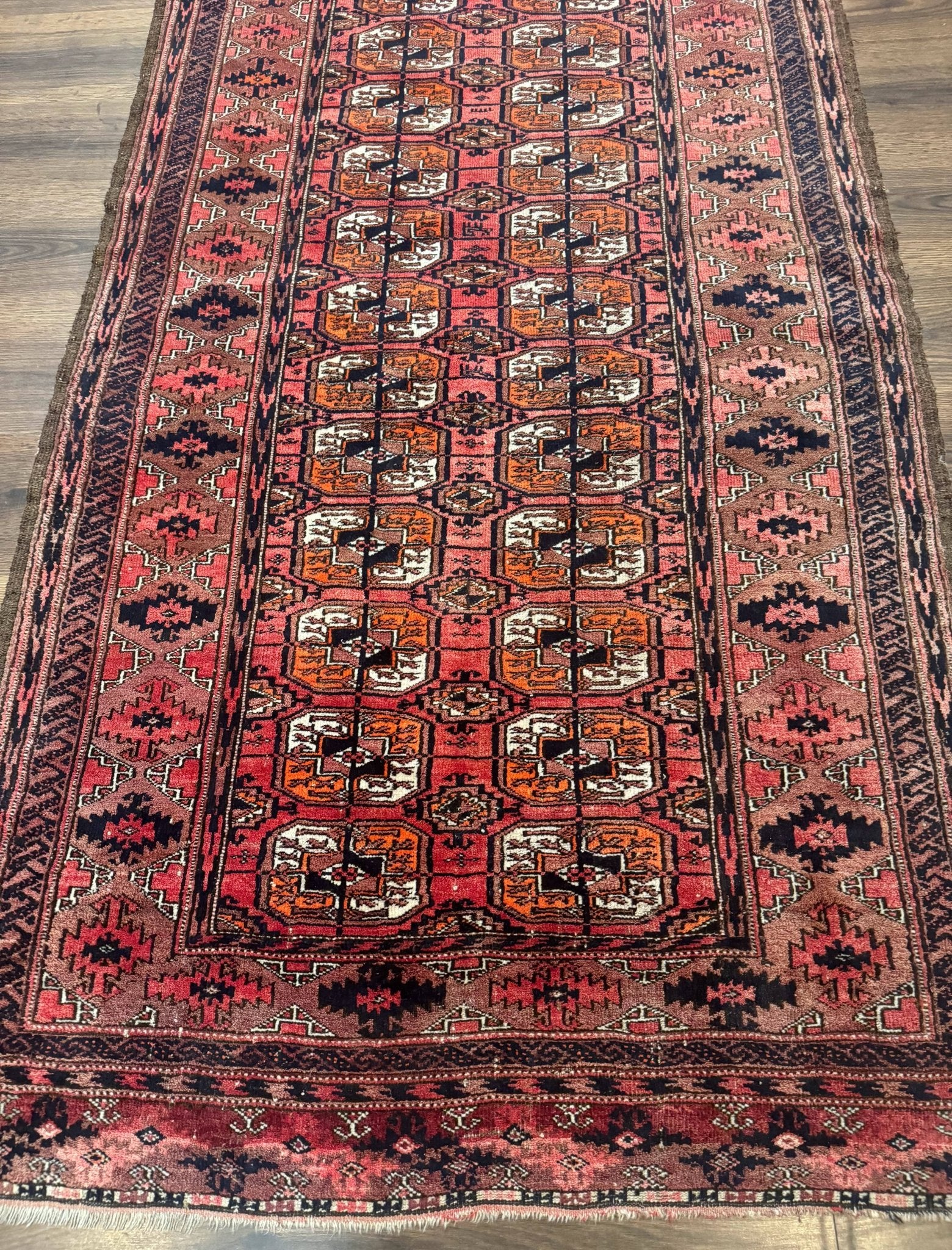 Antique Turkoman Rug 3.7 x 6.7, Red, Wool Runner Rug - Jewel RugsShopify CollectiveHUNTEDFOX - Antique Turkoman Rug 3.7 x 6.7, Red, Wool Runner Rug