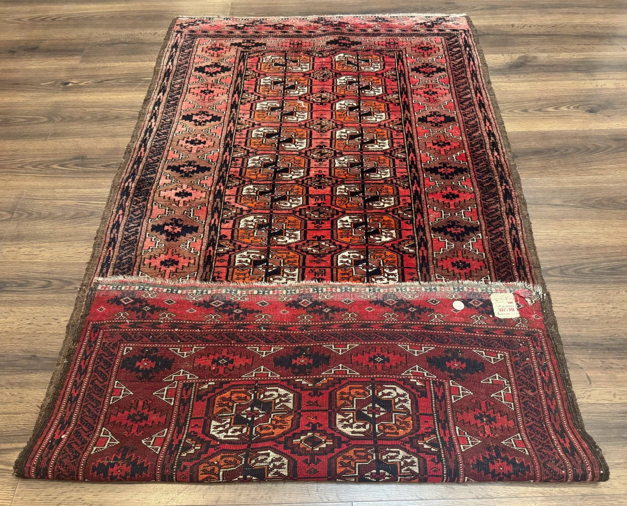 Antique Turkoman Rug 3.7 x 6.7, Red, Wool Runner Rug - Jewel RugsShopify CollectiveHUNTEDFOX - Antique Turkoman Rug 3.7 x 6.7, Red, Wool Runner Rug