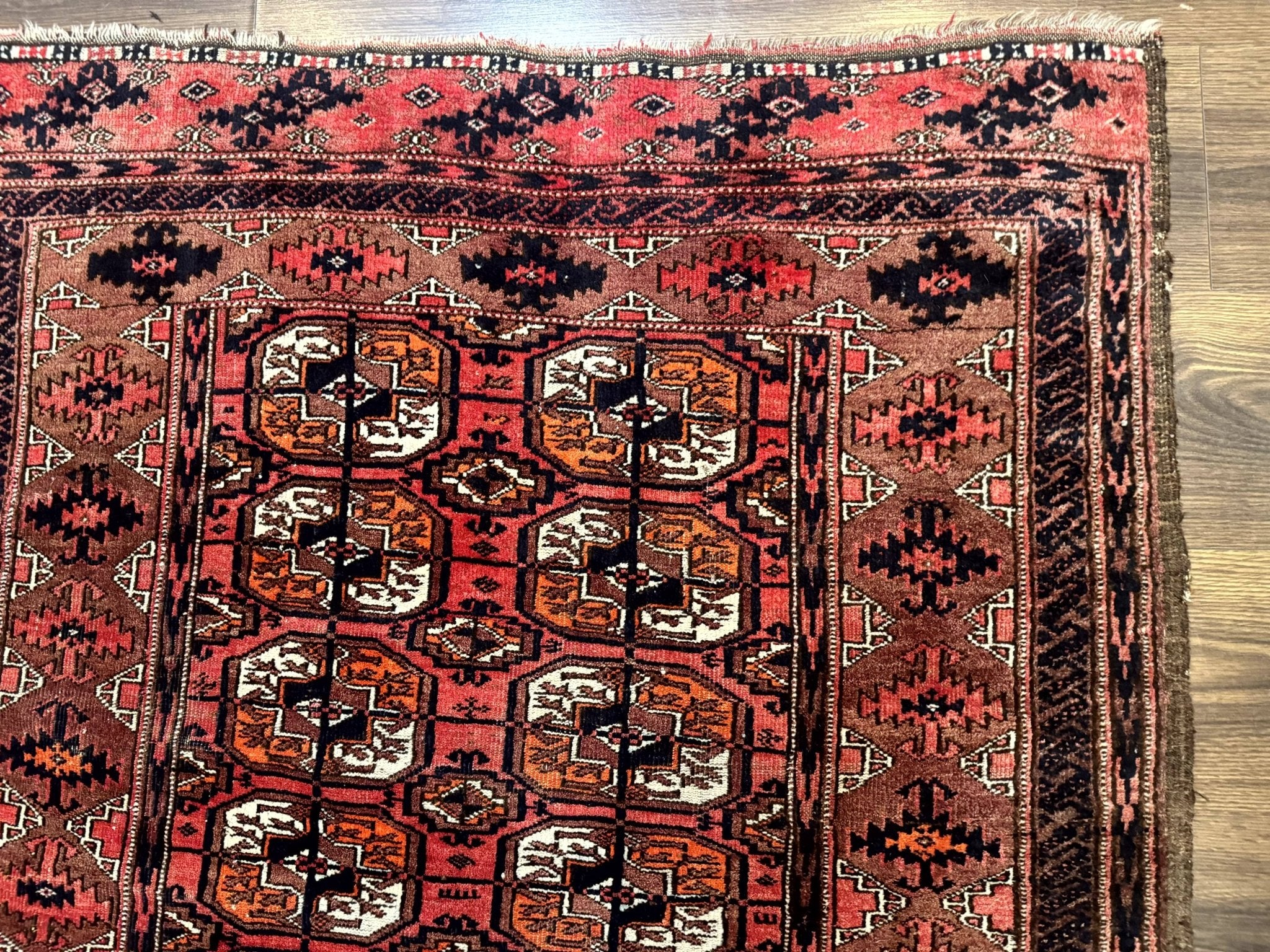 Antique Turkoman Rug 3.7 x 6.7, Red, Wool Runner Rug - Jewel RugsShopify CollectiveHUNTEDFOX - Antique Turkoman Rug 3.7 x 6.7, Red, Wool Runner Rug
