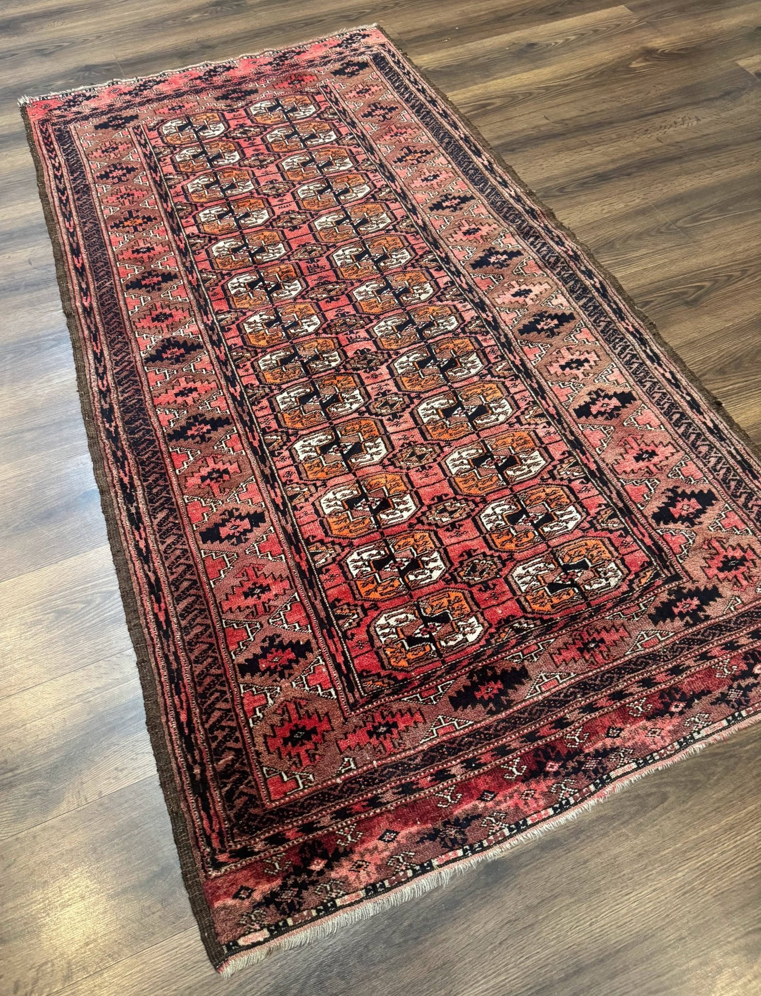 Antique Turkoman Rug 3.7 x 6.7, Red, Wool Runner Rug - Jewel RugsShopify CollectiveHUNTEDFOX - Antique Turkoman Rug 3.7 x 6.7, Red, Wool Runner Rug