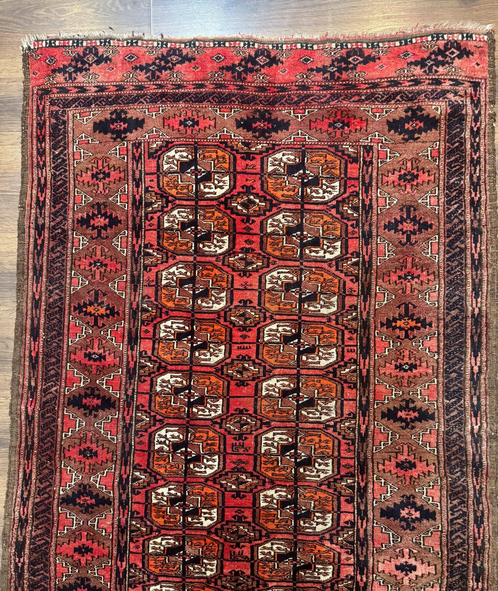 Antique Turkoman Rug 3.7 x 6.7, Red, Wool Runner Rug - Jewel RugsShopify CollectiveHUNTEDFOX - Antique Turkoman Rug 3.7 x 6.7, Red, Wool Runner Rug