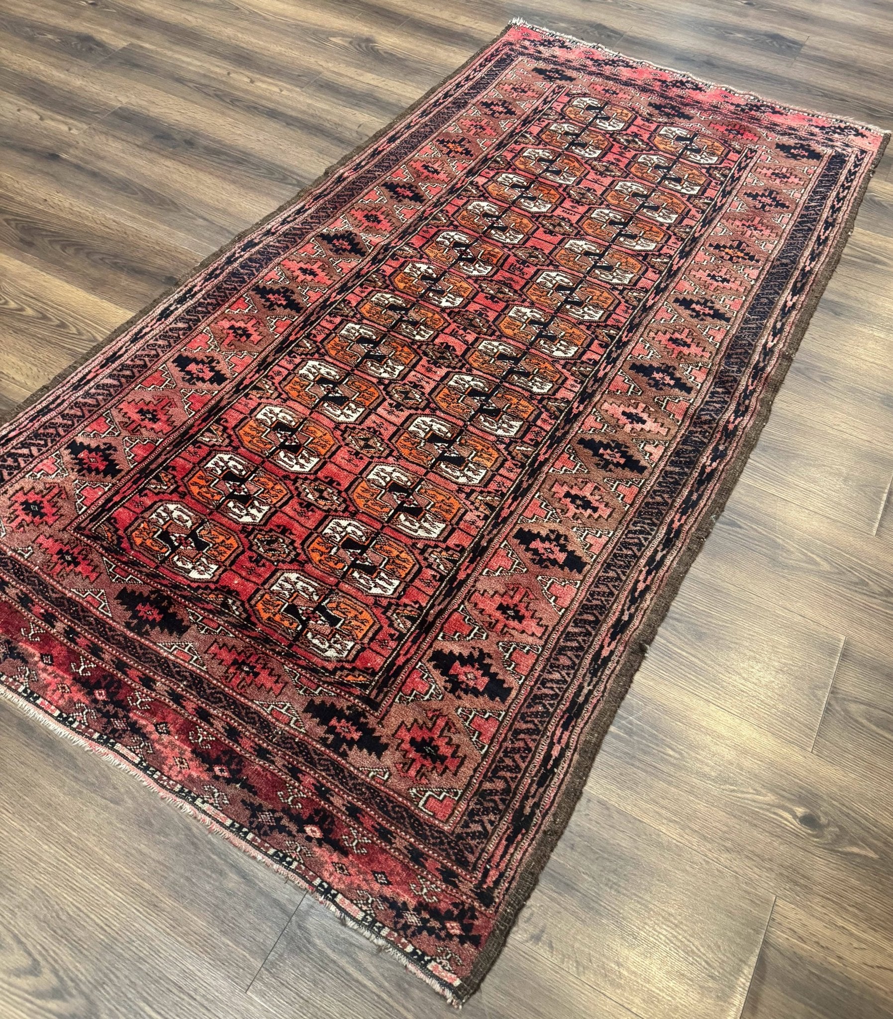 Antique Turkoman Rug 3.7 x 6.7, Red, Wool Runner Rug - Jewel RugsShopify CollectiveHUNTEDFOX - Antique Turkoman Rug 3.7 x 6.7, Red, Wool Runner Rug