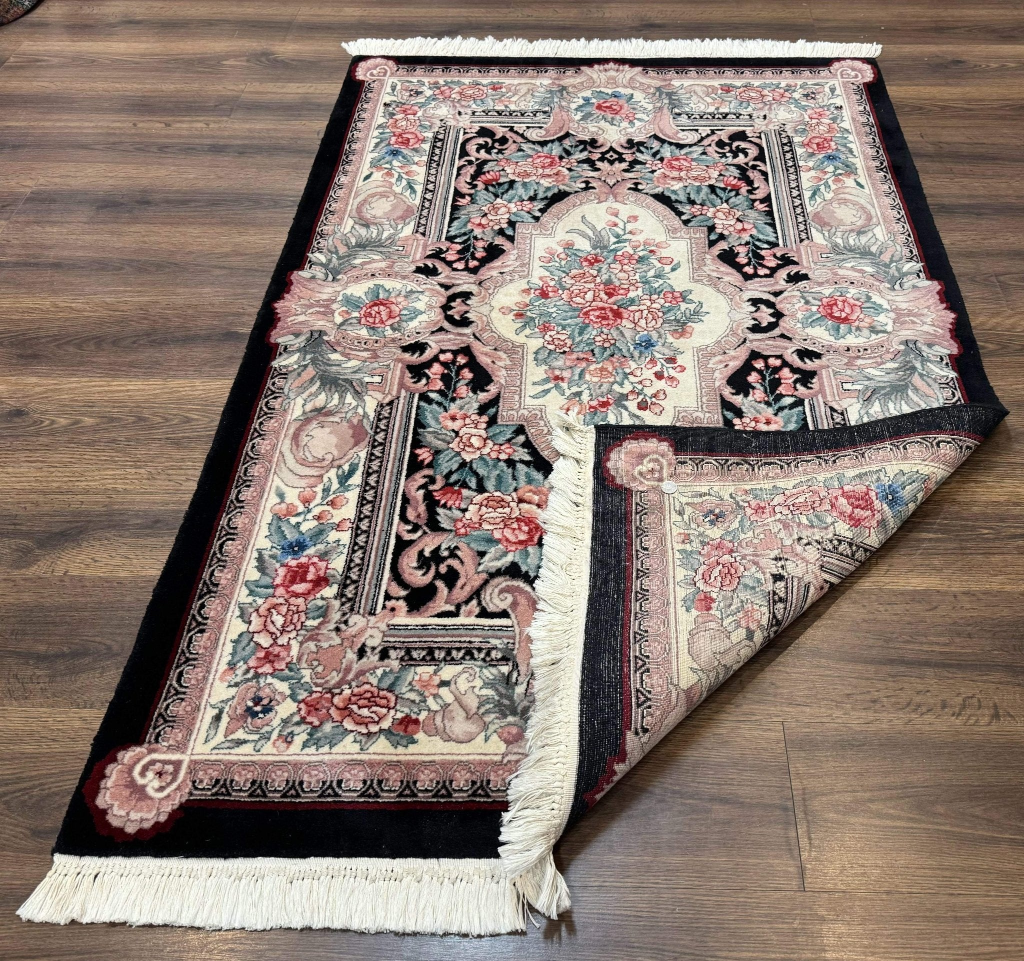 Aubusson Rug 4x6, Elegant European Floral Design, Black and Ivory, Fine 200 KPSI - Jewel RugsShopify CollectiveHUNTEDFOX - Aubusson Rug 4x6, Elegant European Floral Design, Black and Ivory, Fine 200 KPSI