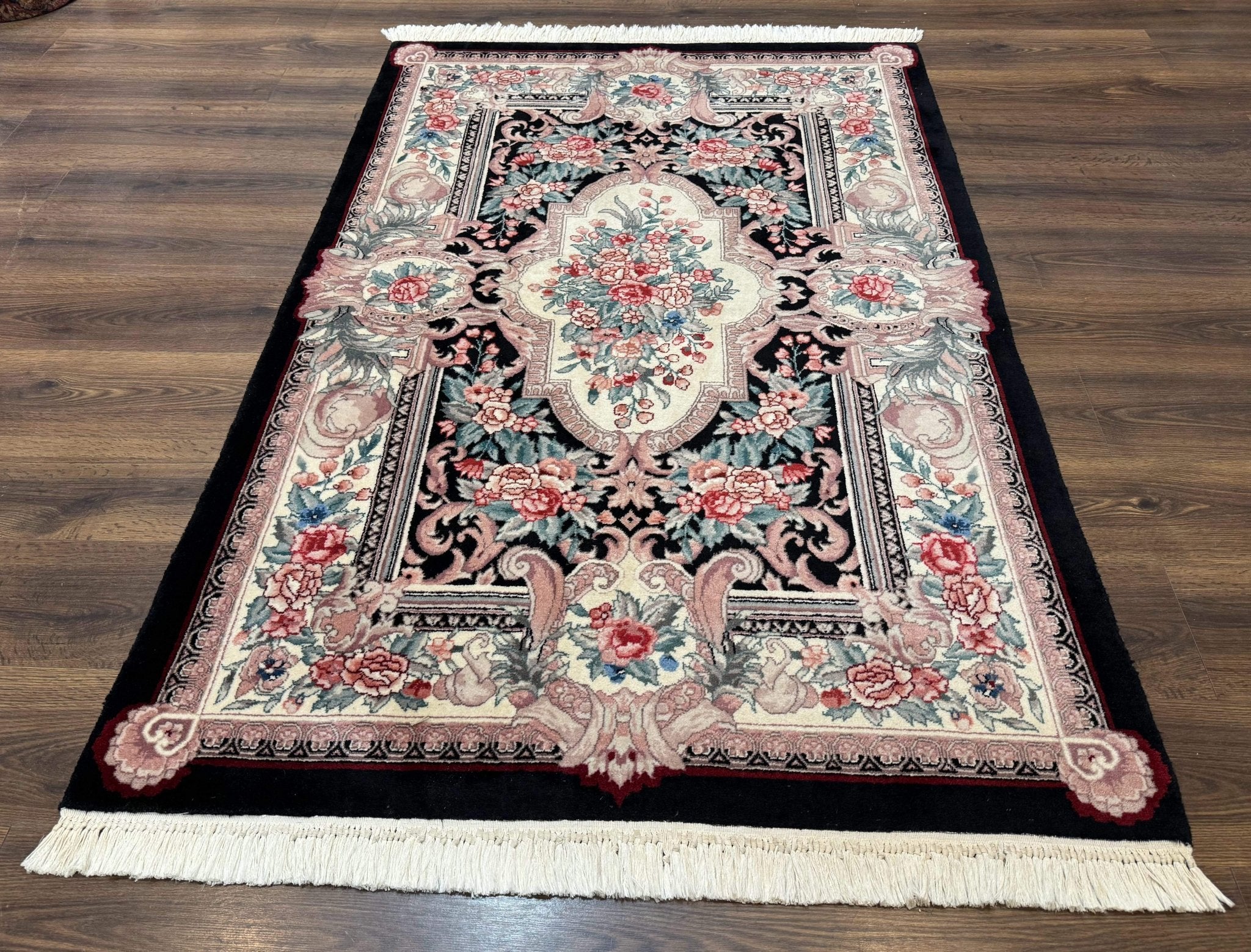 Aubusson Rug 4x6, Elegant European Floral Design, Black and Ivory, Fine 200 KPSI - Jewel RugsShopify CollectiveHUNTEDFOX - Aubusson Rug 4x6, Elegant European Floral Design, Black and Ivory, Fine 200 KPSI