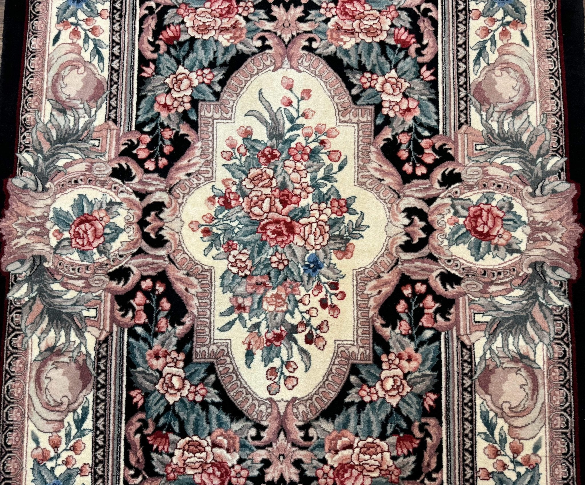 Aubusson Rug 4x6, Elegant European Floral Design, Black and Ivory, Fine 200 KPSI - Jewel RugsShopify CollectiveHUNTEDFOX - Aubusson Rug 4x6, Elegant European Floral Design, Black and Ivory, Fine 200 KPSI