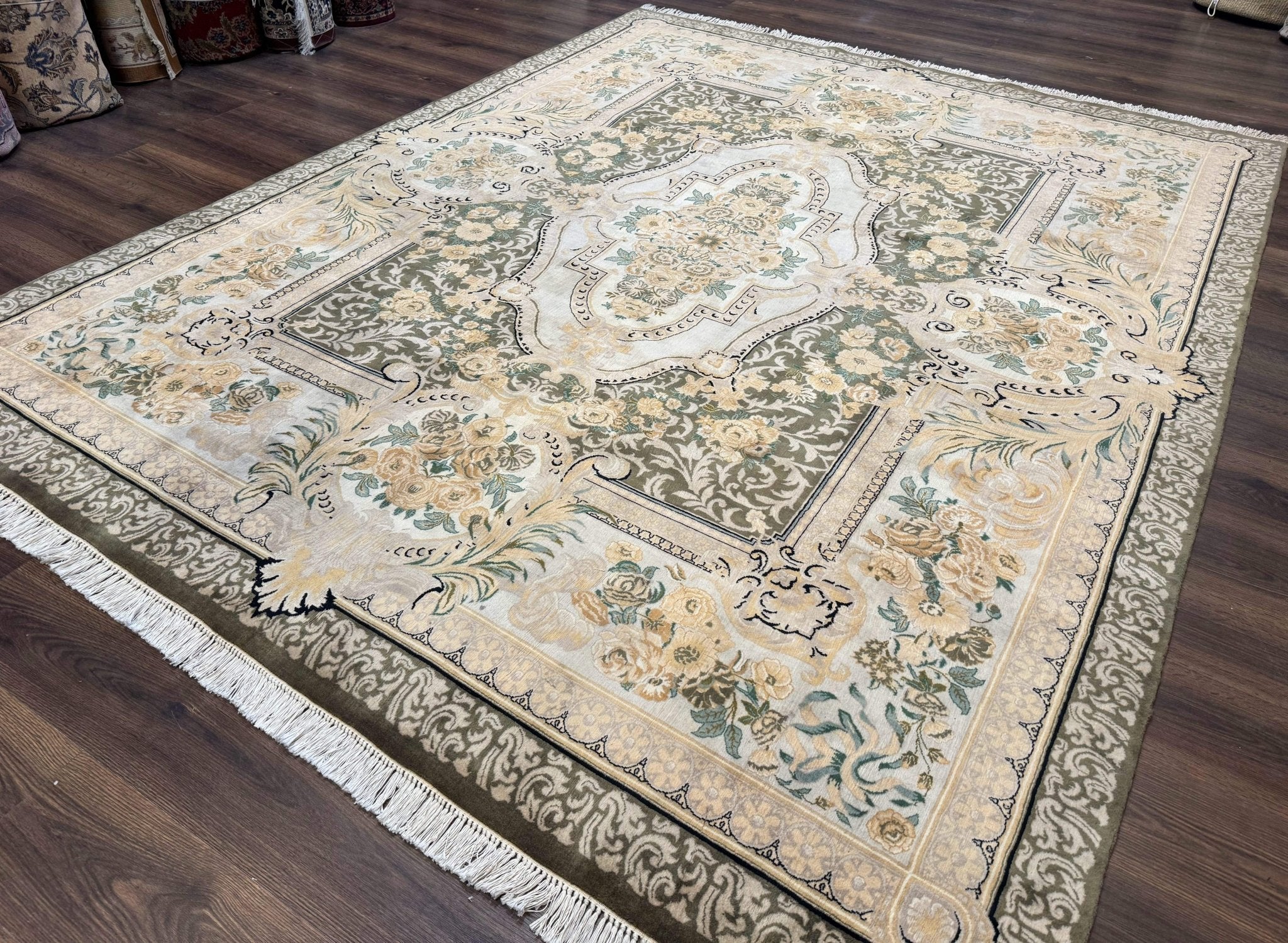 Aubusson Rug 8x10, Very Fine 225 KPSI, Floral, French European Design, Pakistani Carpet - Jewel RugsShopify CollectiveHUNTEDFOX - Aubusson Rug 8x10, Very Fine 225 KPSI, Floral, French European Design, Pakistani Carpet