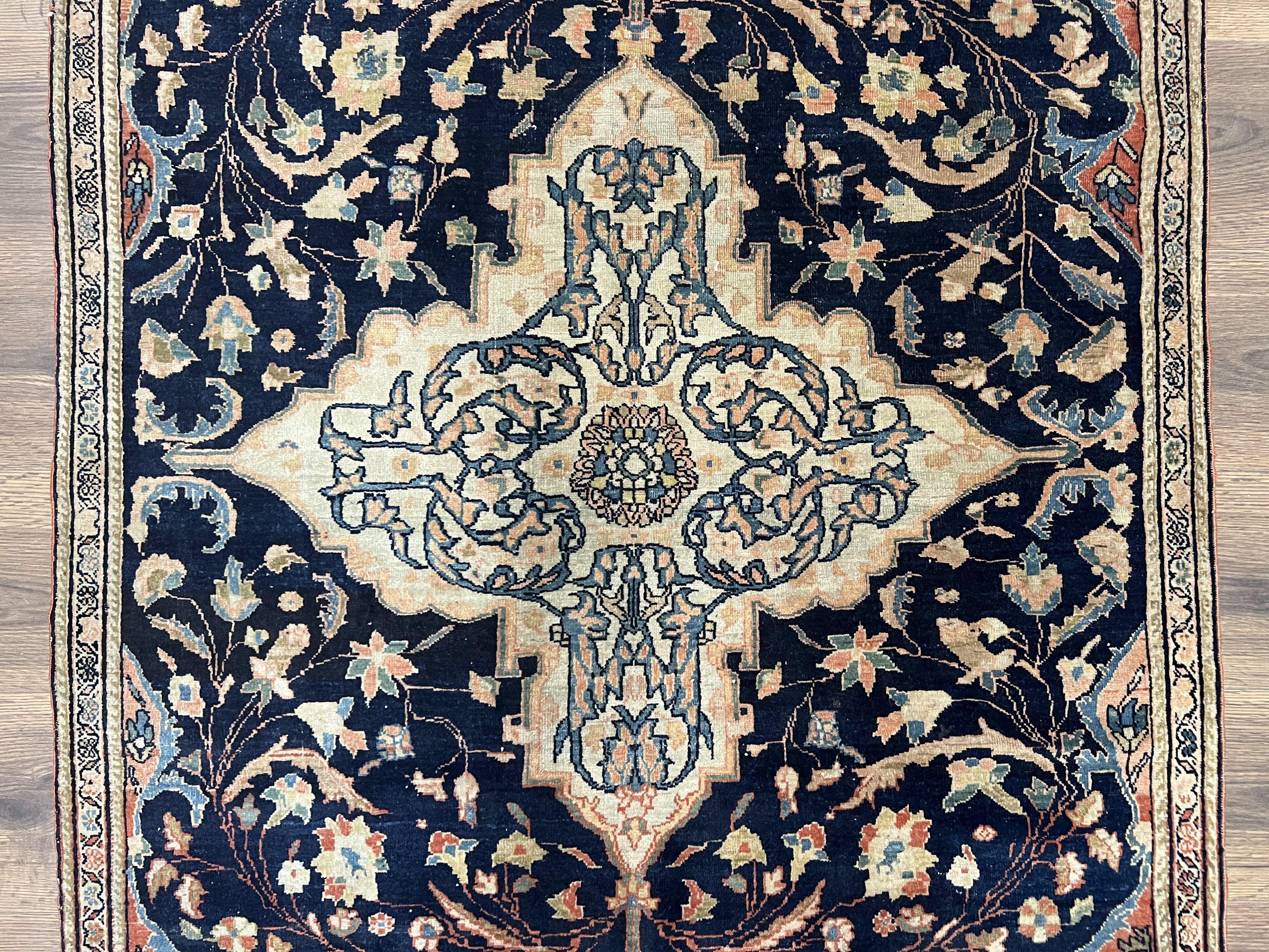 Antique Persian Rug 3.5 x 5, Sarouk Farahan Rug, High Quality 1920s Fine Oriental Carpet 3 x 5 ft, Large Medallion, Floral, Navy Blue Red, Hand Knotted Wool Rug