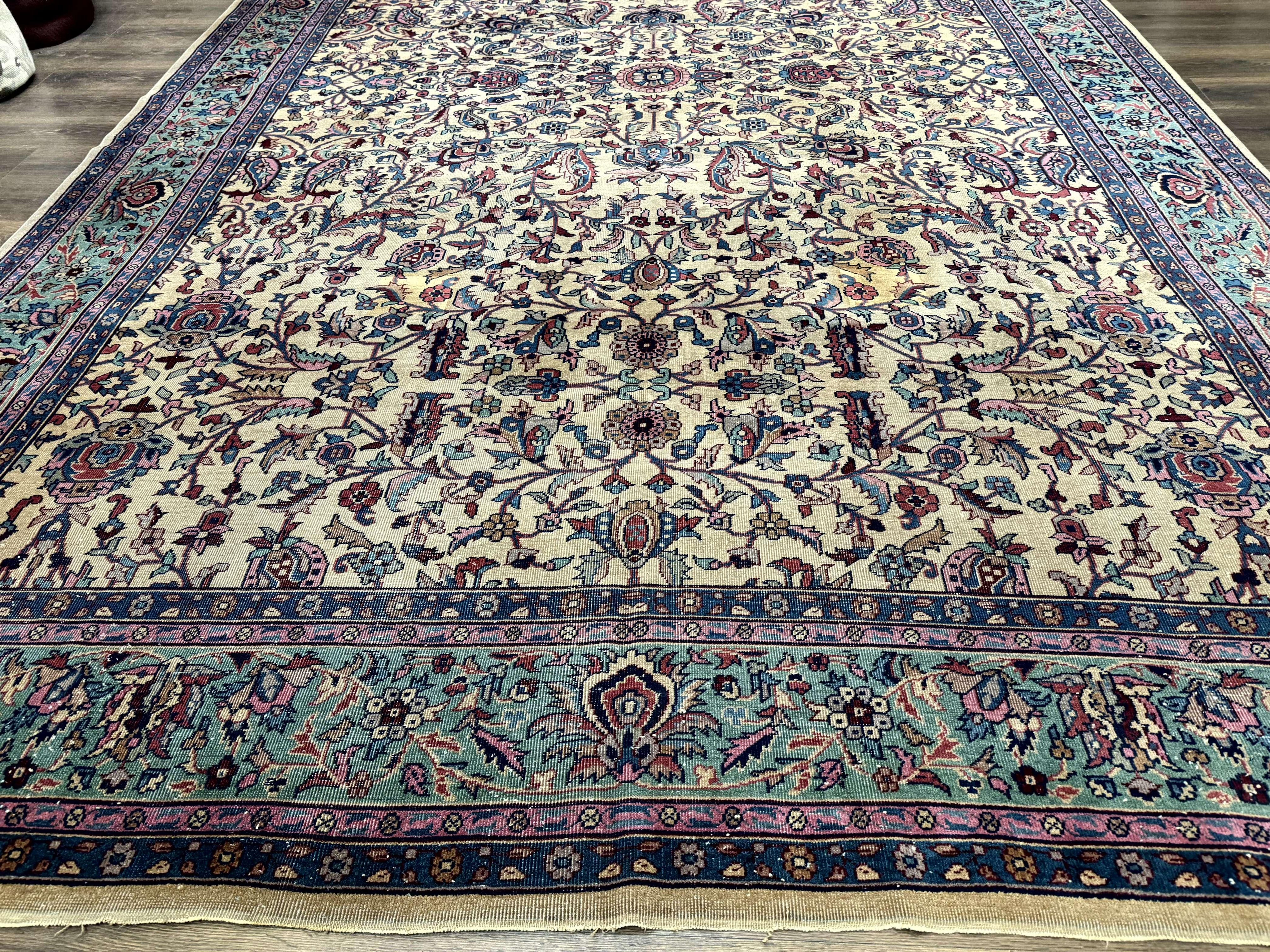 Antique Persian Rug 10x15, Camel and Cyan, Allover Pattern, Rare, Samarkand Rug