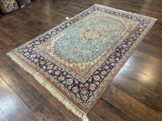 Light Blue Persian Isfahan Rug 5x8, Floral Medallion, Wool on Silk Foundation, Very Fine 530 KPSI, Handmade Carpet