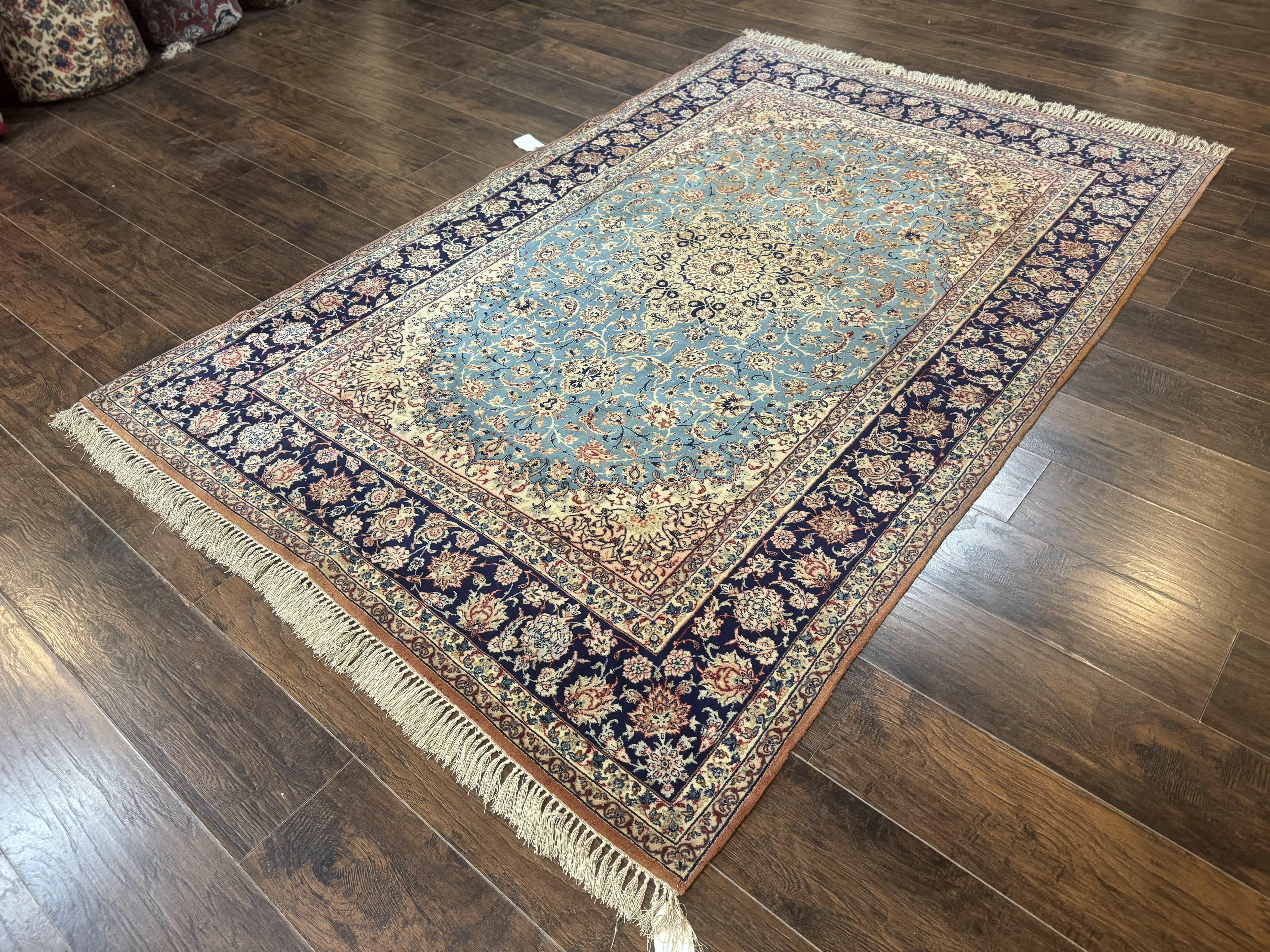 Light Blue Persian Isfahan Rug 5x8, Floral Medallion, Wool on Silk Foundation, Very Fine 530 KPSI, Handmade Carpet