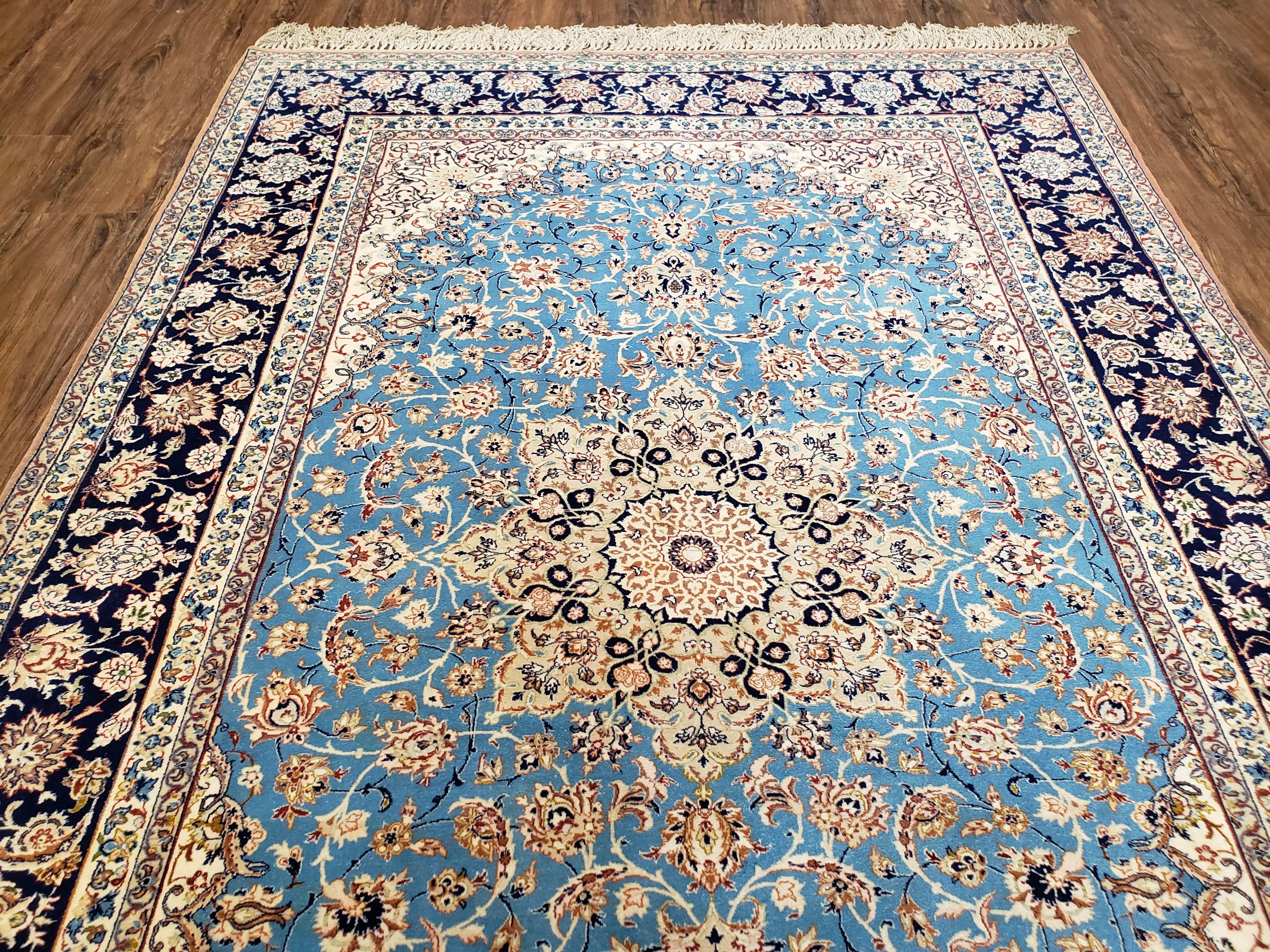 Persian Isfahan Rug, Kork Wool on Silk Foundation, Sky Blue, Hand-Knotted, 5' 1" x 7' 8"