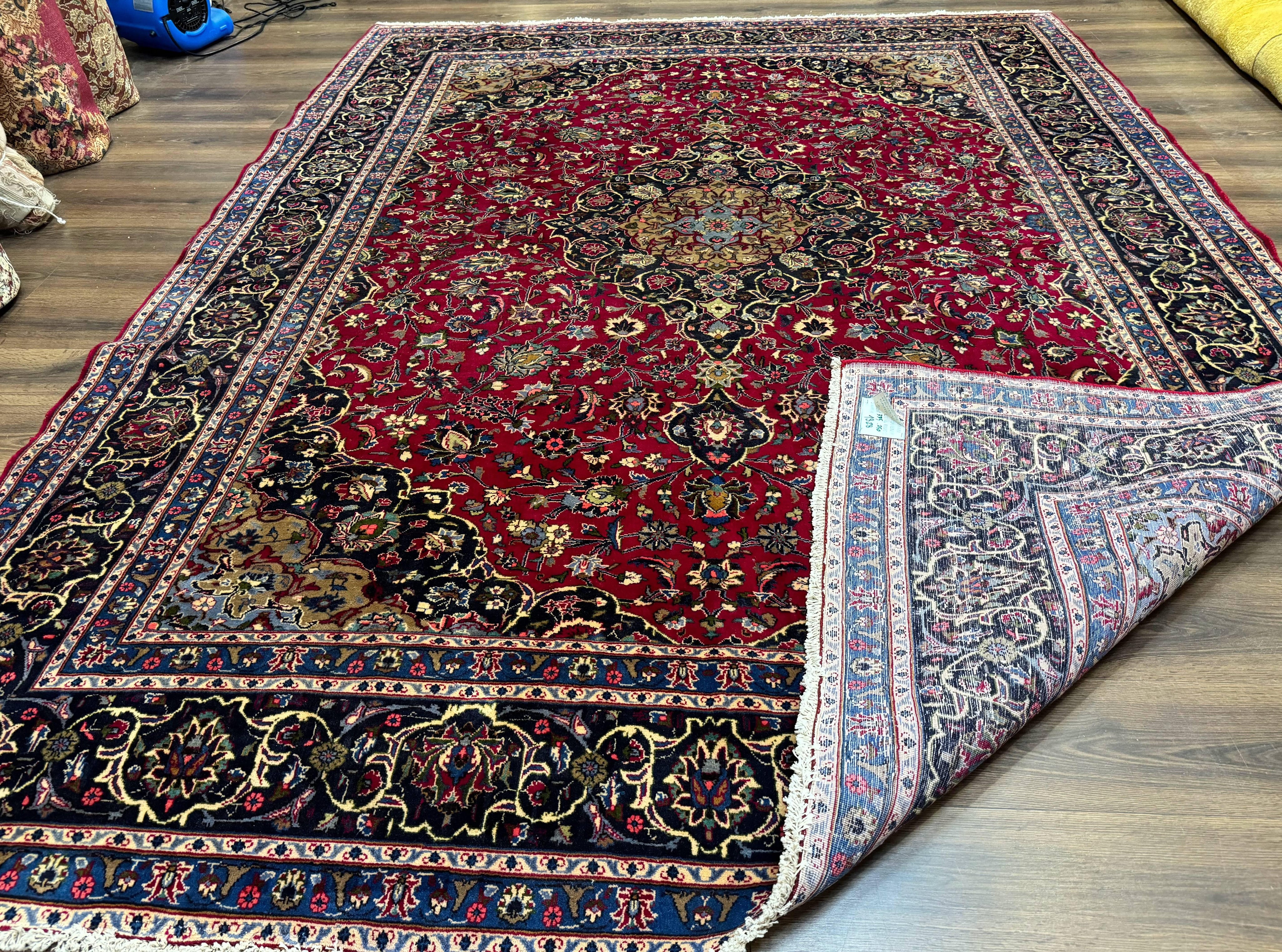 Traditional Persian Rug 8x11, Red Navy Blue, Floral Medallion, Antique Persian Mashad Carpet, Wool