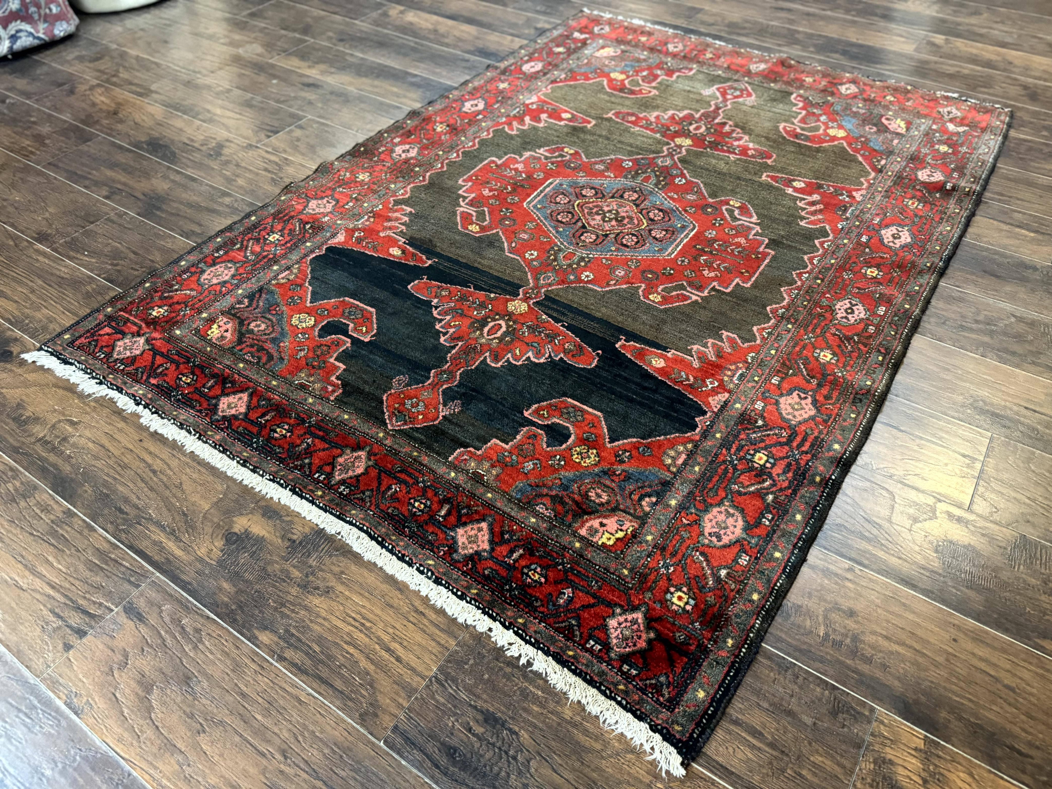 Antique Persian Tribal Rug 5x7, Geometric Wool Carpet, Kurdish Senneh Rug