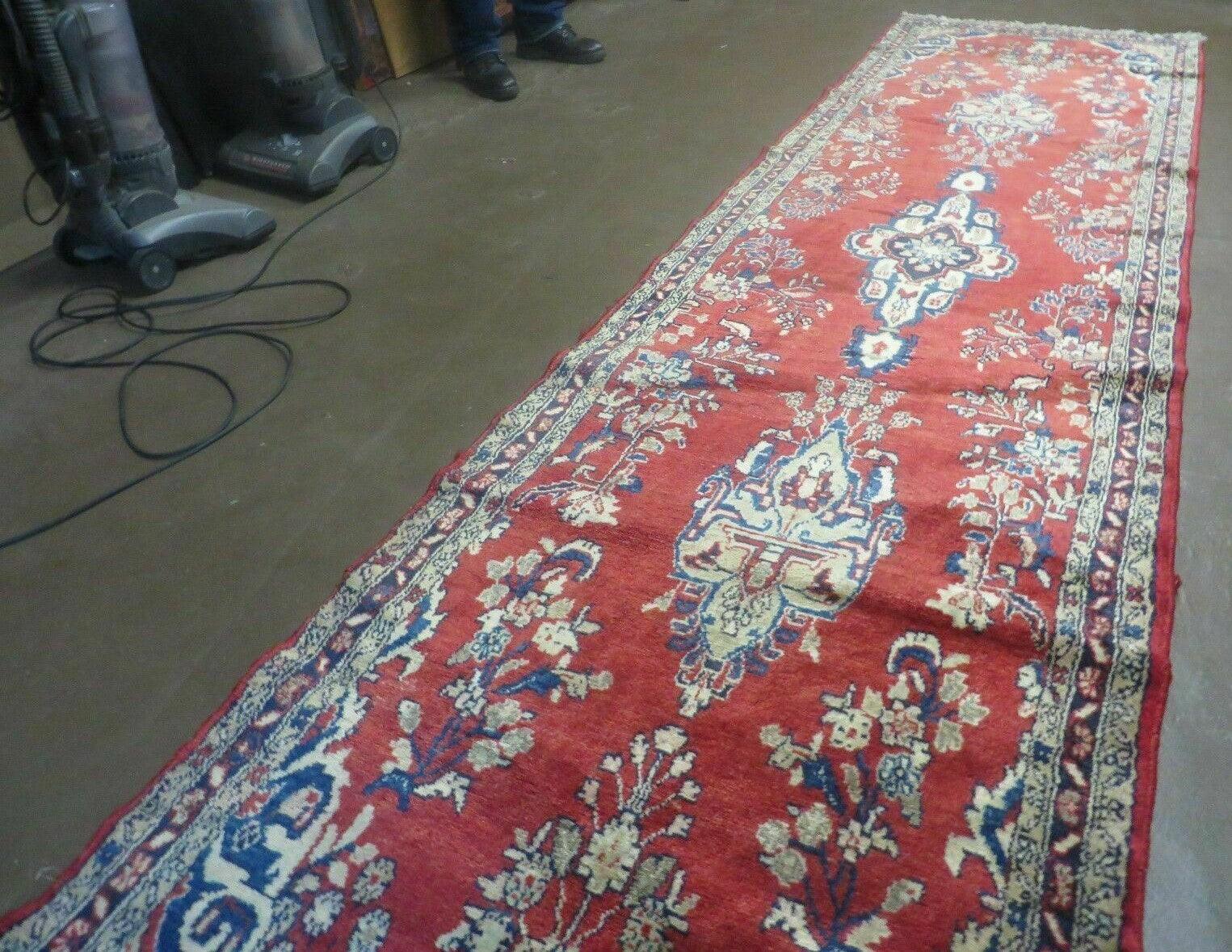 Persian Runner Rug 3 x 12, Antique Wool Oriental Runner, Floral Vases, Red & Navy Blue