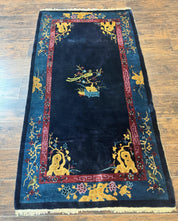 Antique Chinese Peking Rug 3x6, Dark Blue, Bird Motif, Handmade Wool Art Deco Asian Oriental Carpet, Pair B