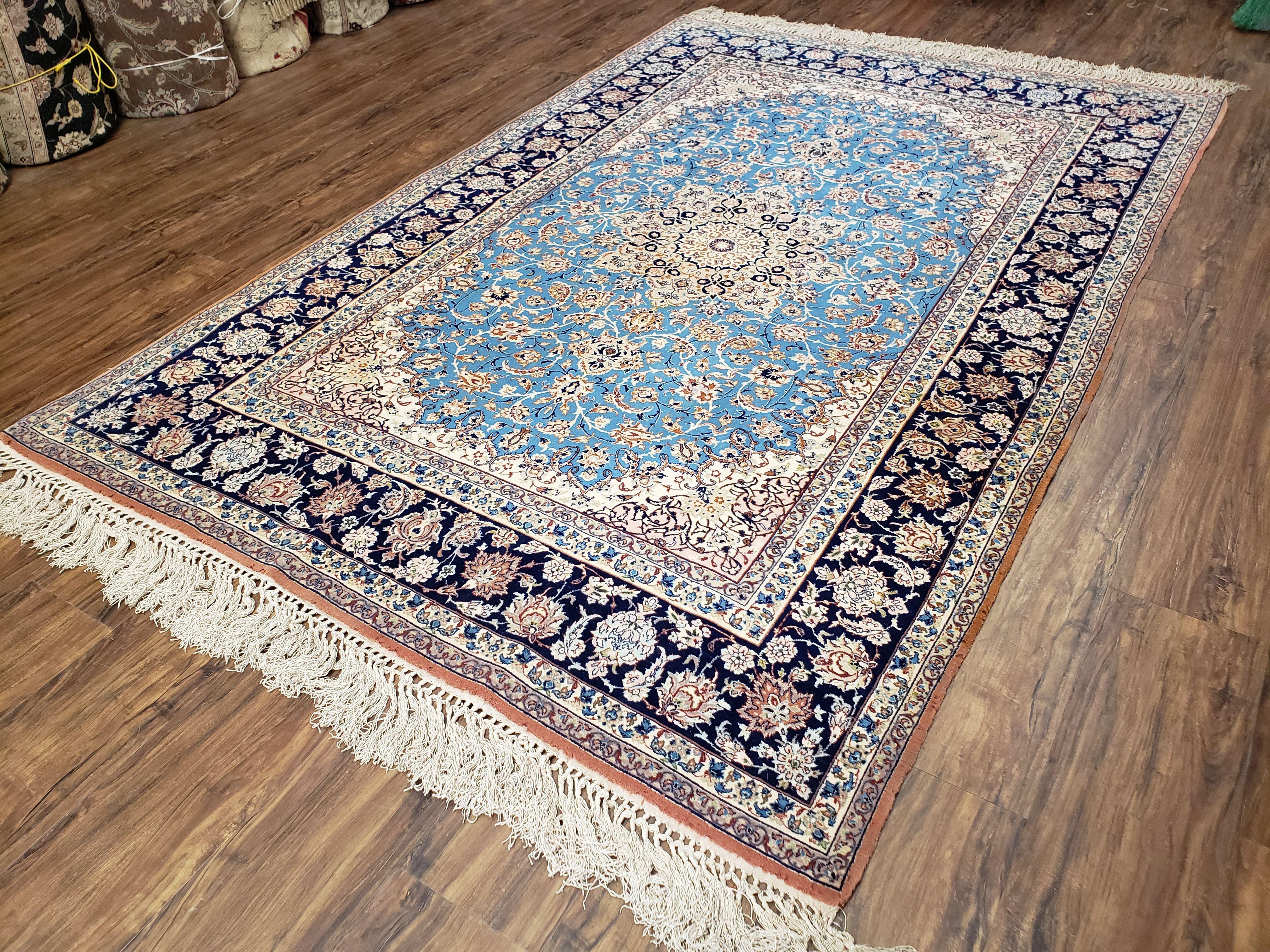 Persian Isfahan Rug, Kork Wool on Silk Foundation, Sky Blue, Hand-Knotted, 5' 1" x 7' 8"