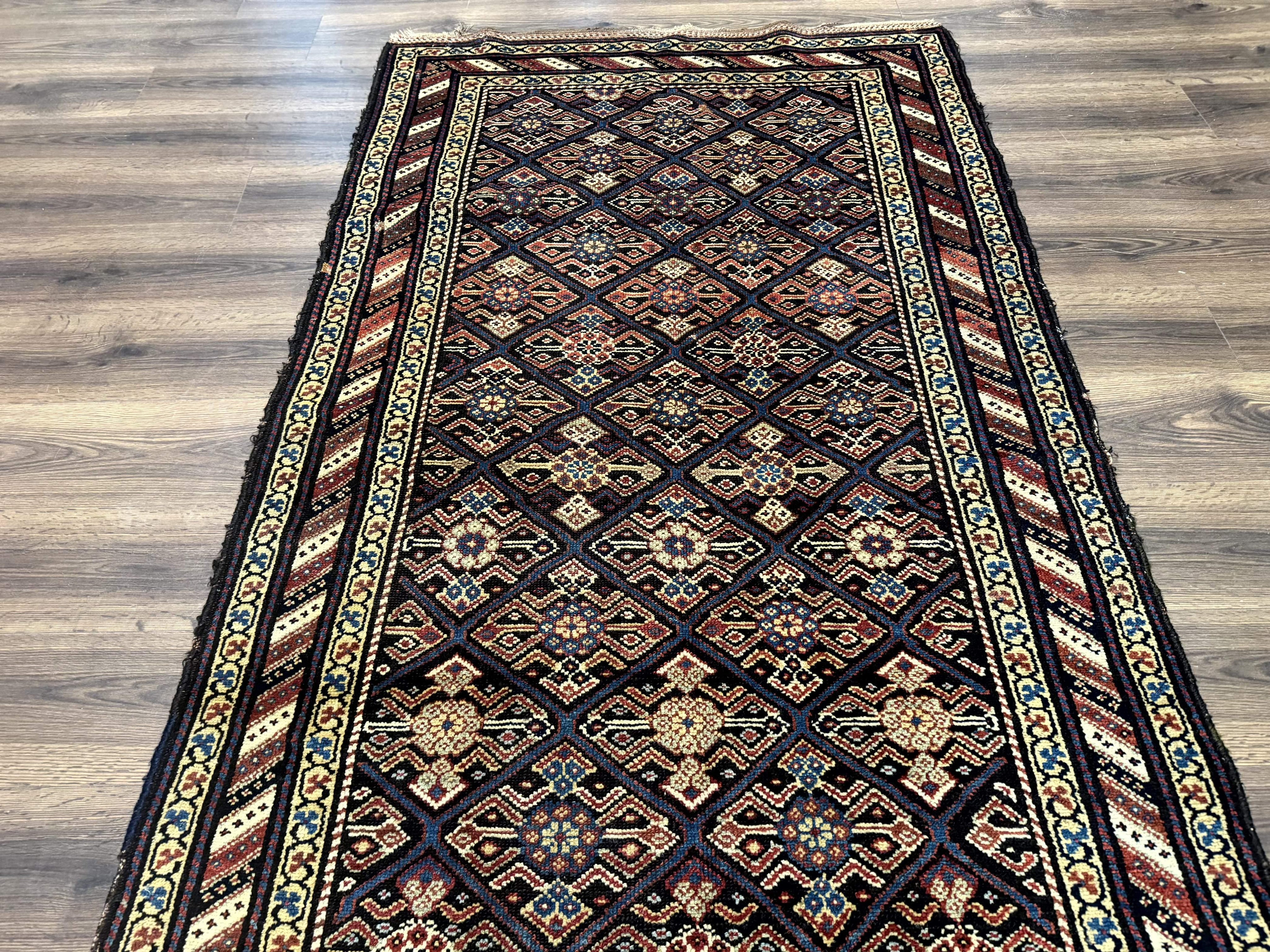Antique Persian Wide Runner Rug 4x9, Kurdish Rug, Panel Design, Rainbow Border, Rare Tribal Rug