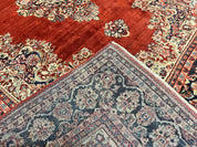 Persian Sarouk Rug 11x14, Semi Open Field, Large Antique Persian Wool Handmade Carpet, Red and Dark Blue, Floral