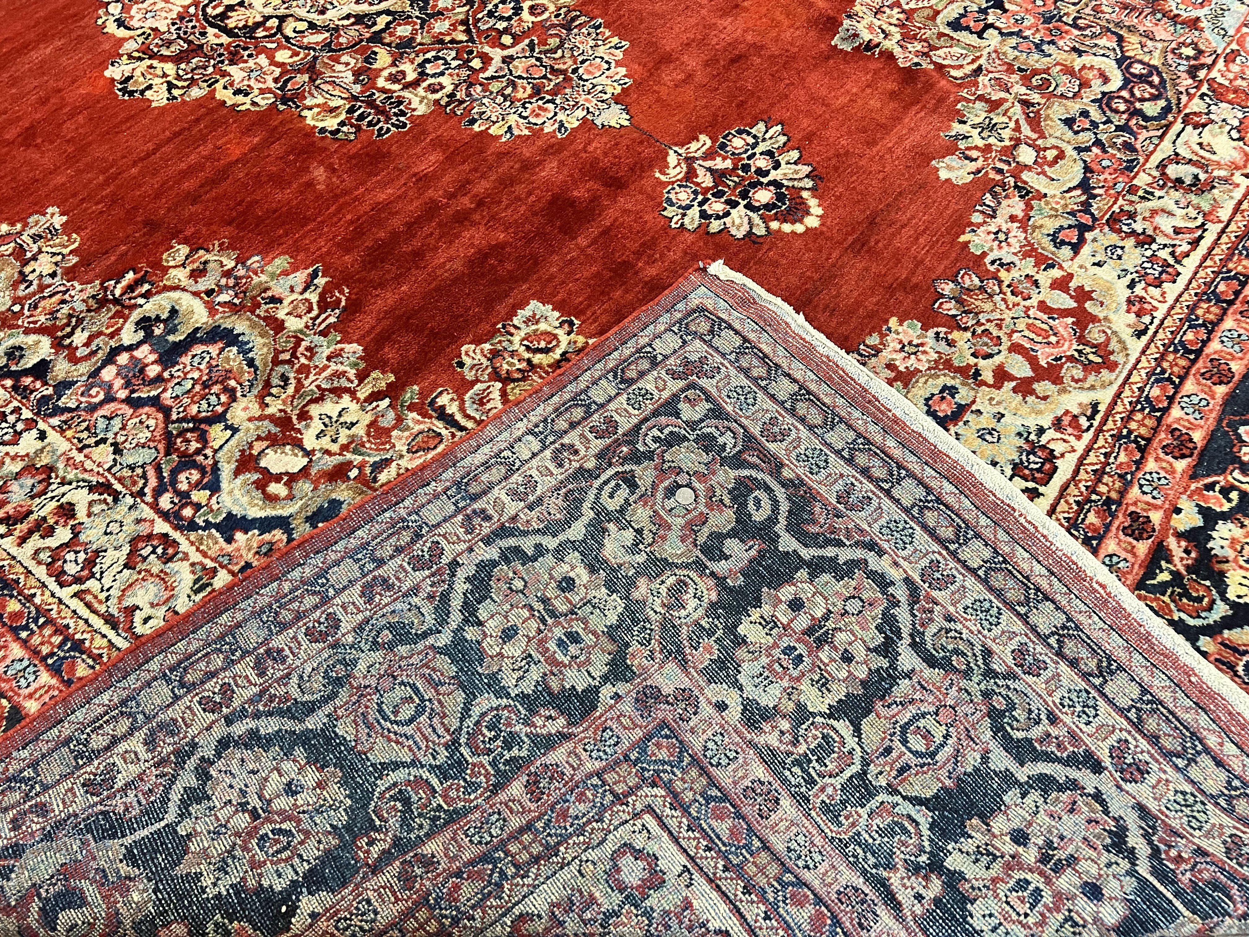 Persian Sarouk Rug 11x14, Semi Open Field, Large Antique Persian Wool Handmade Carpet, Red and Dark Blue, Floral