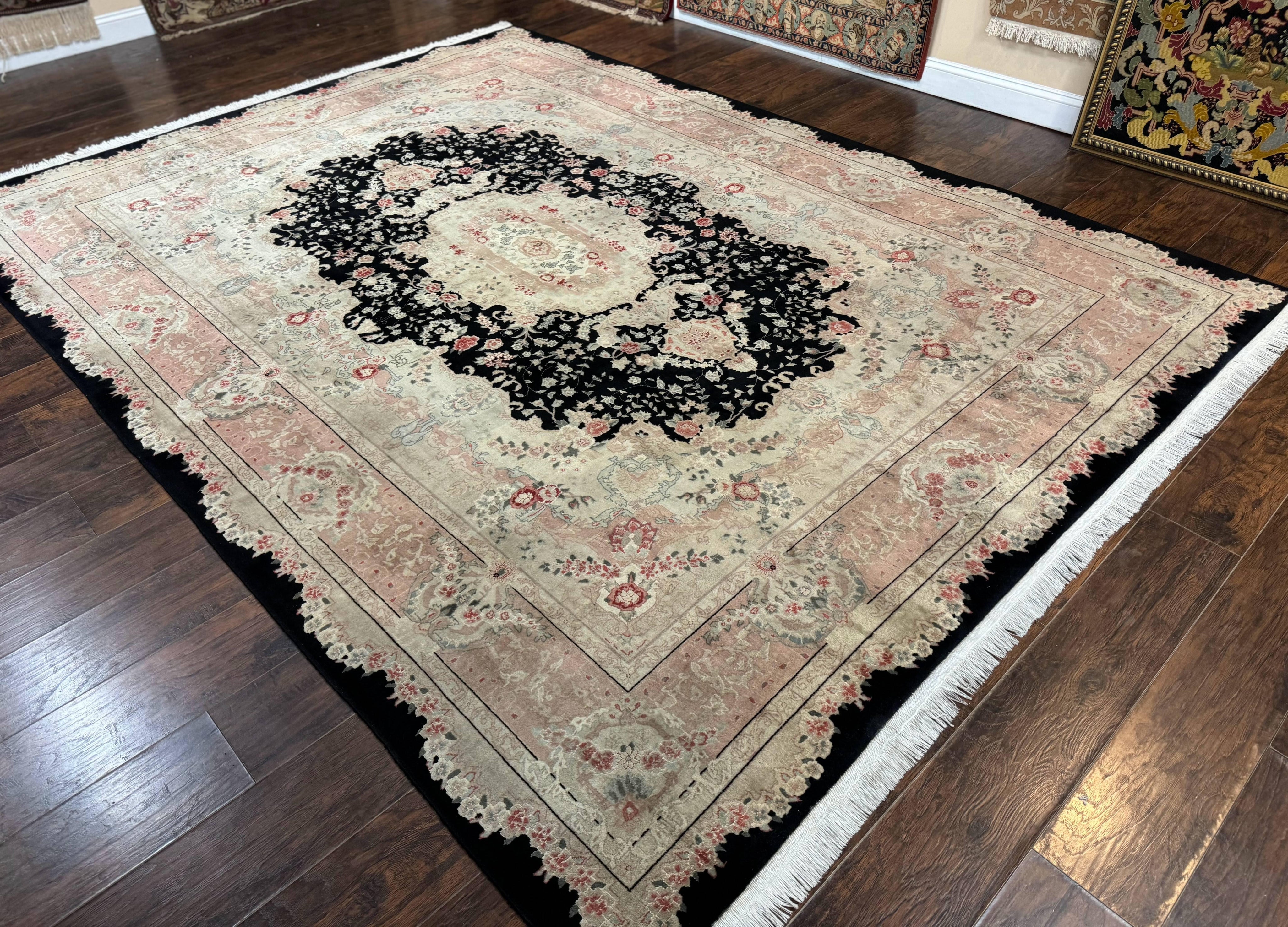 Pak Persian Tabriz Rug 8.6 x 11.6, Black Pink, Traditional Elegant Formal Oriental Carpet, Dining Room Rug, Fine 225 KPSI