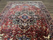 Antique Persian Heriz Rug 8x11, Geometric Tribal Wool Carpet, Brick Red