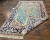 Light Blue Persian Isfahan Rug 5x8, Floral Medallion, Wool on Silk Foundation, Very Fine 530 KPSI, Handmade Carpet