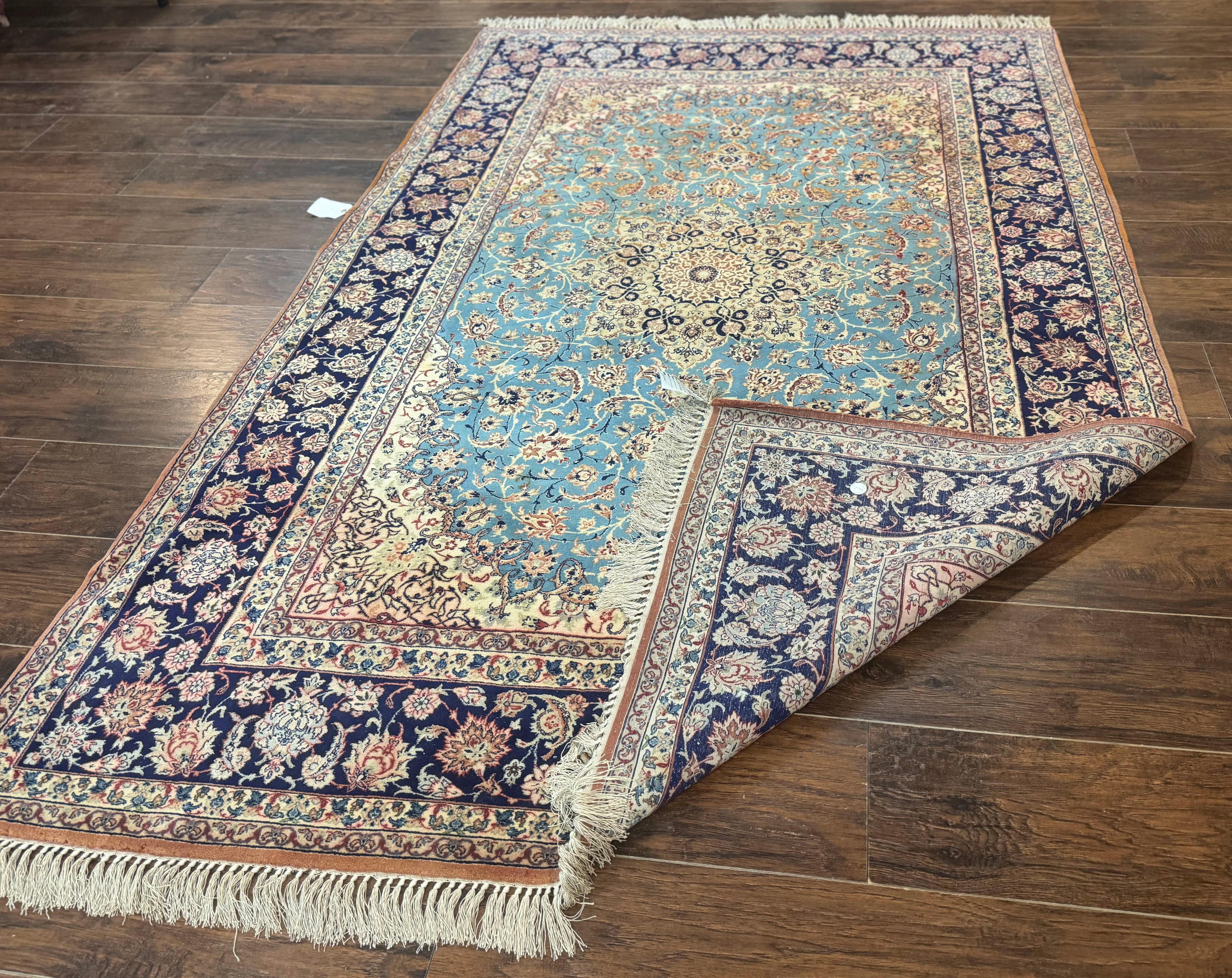 Light Blue Persian Isfahan Rug 5x8, Floral Medallion, Wool on Silk Foundation, Very Fine 530 KPSI, Handmade Carpet