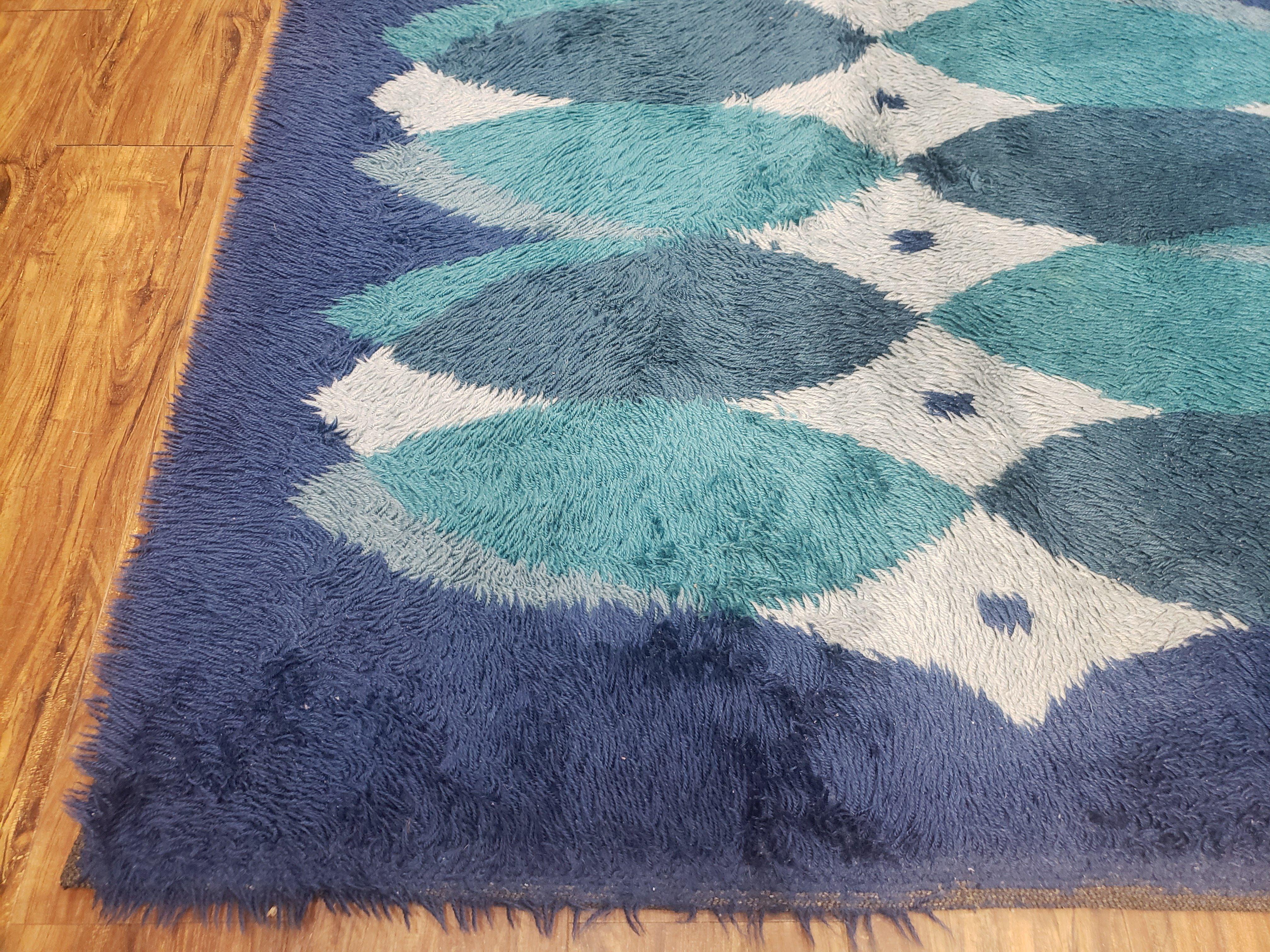 Blue Rya Rug, 1960s Mid-Century Modern Danish Shag Rug 4'6" x 6'7", Ege Rya, Abstract