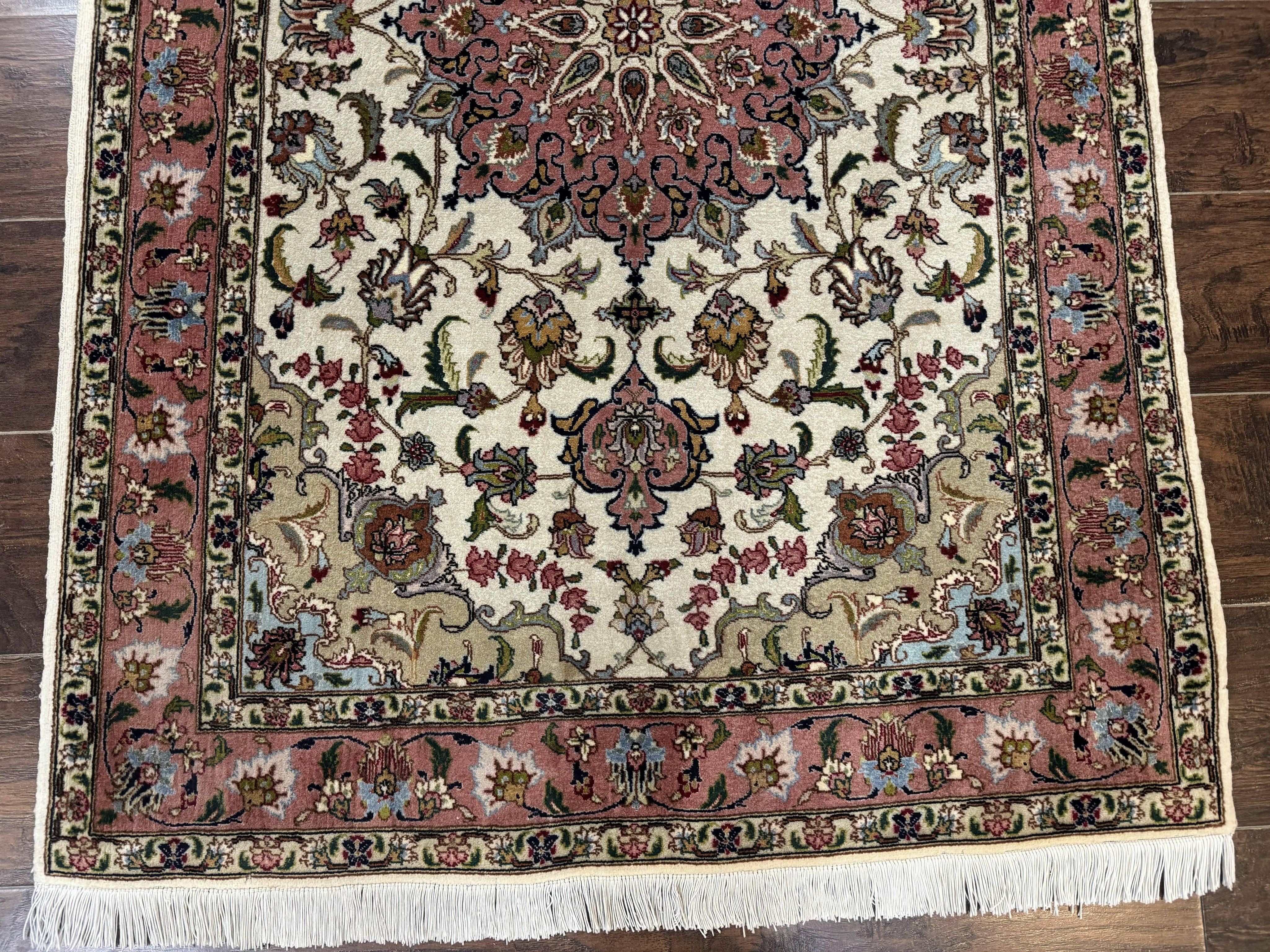 Fine Persian Tabriz Rug 3x5, Floral Medallion, 340 KPSI, Ivory Salmon