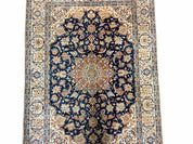 Persian Isfahan Rug 4x5, Navy Blue & Ivory, Wool and Silk Highlights