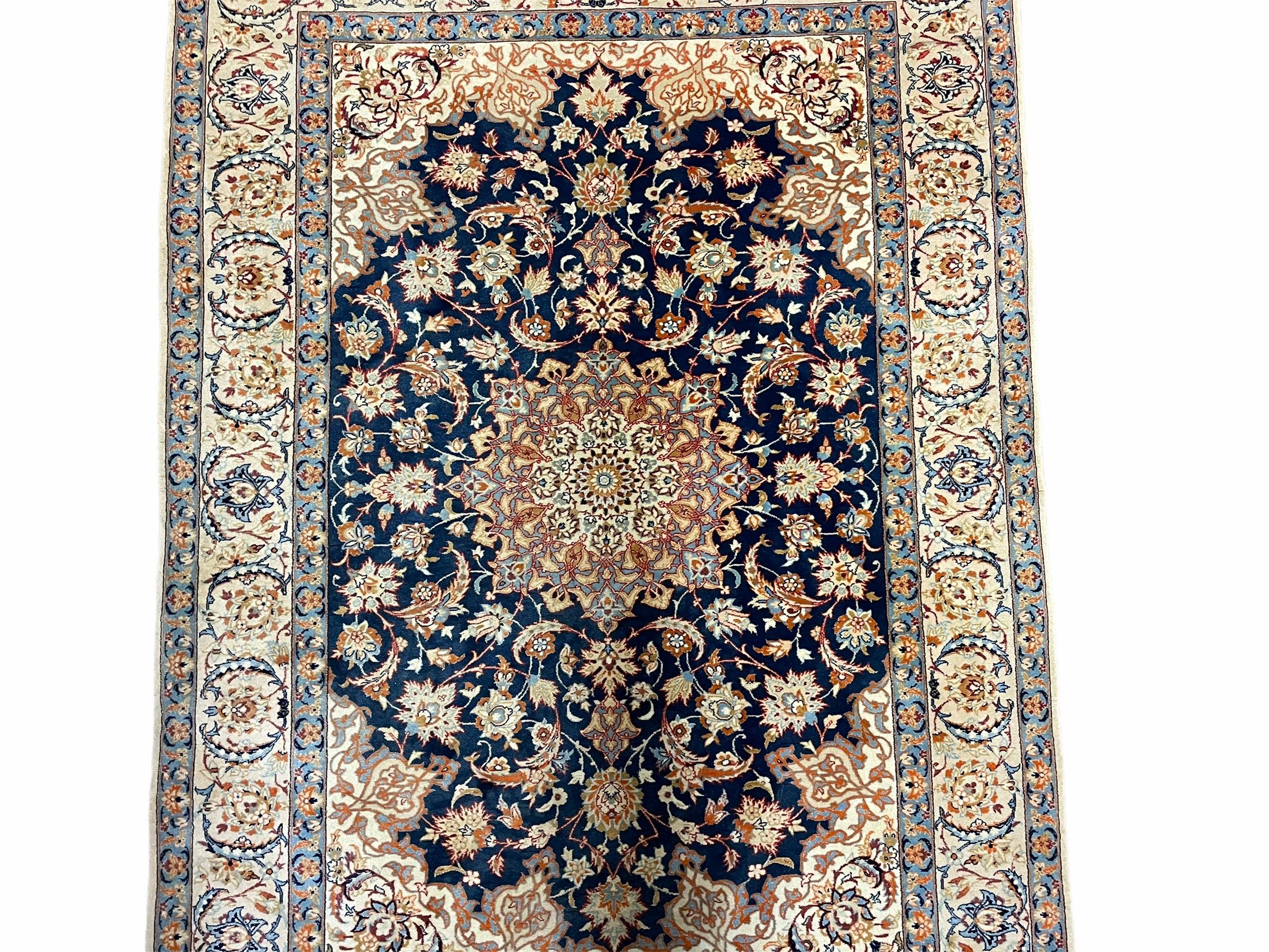 Persian Isfahan Rug 4x5, Navy Blue & Ivory, Wool and Silk Highlights