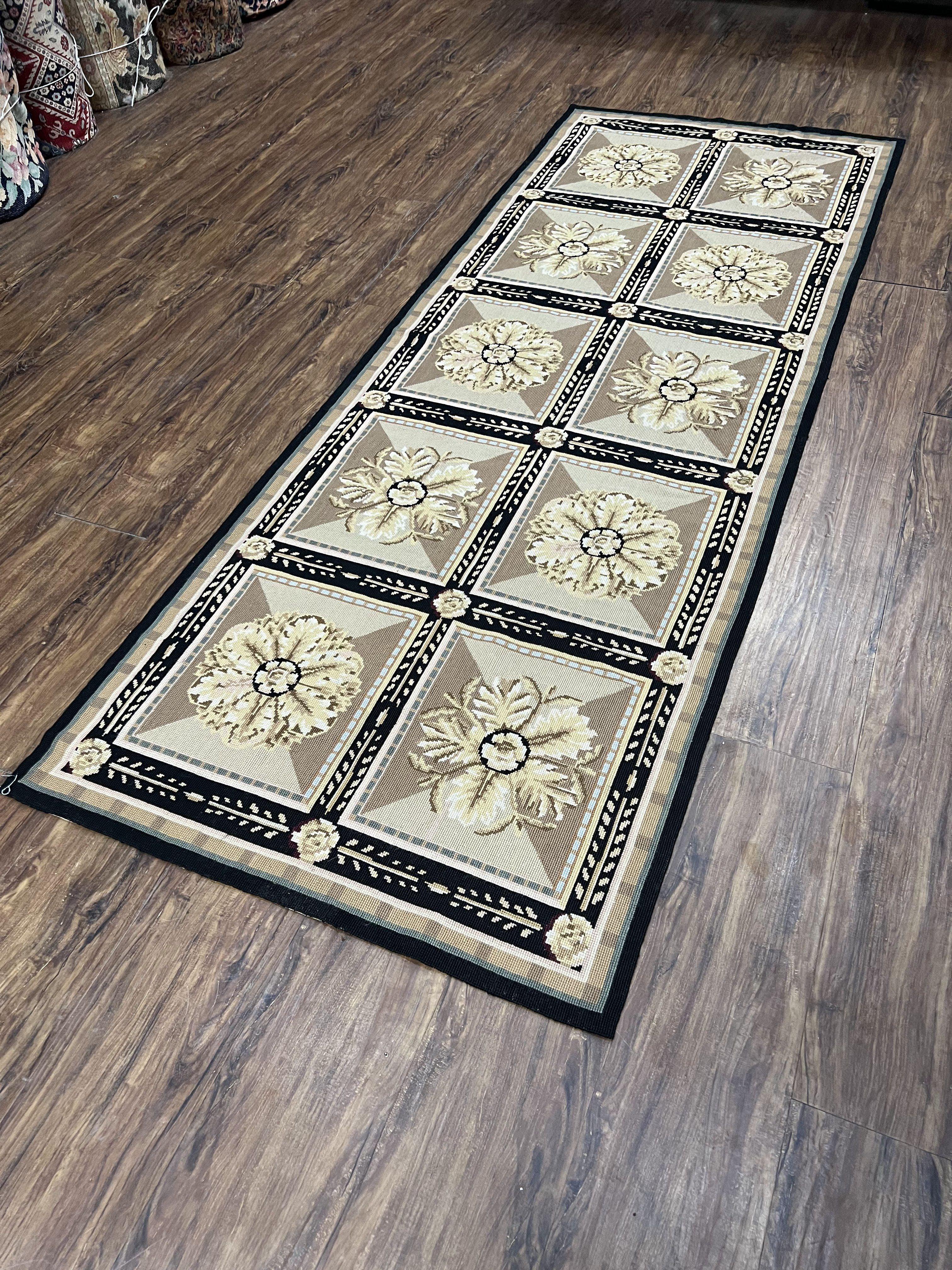 Needlepoint Runner Rug 3x8 Panel Design Rug, Flatweave Runner Rug, English Design, Floral, Short Runner Rug, Black and Beige Wool Hand-Woven