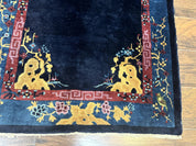Antique Chinese Peking Rug 3x6, Dark Blue, Bird Motif, Handmade Wool Art Deco Asian Oriental Carpet, Pair A