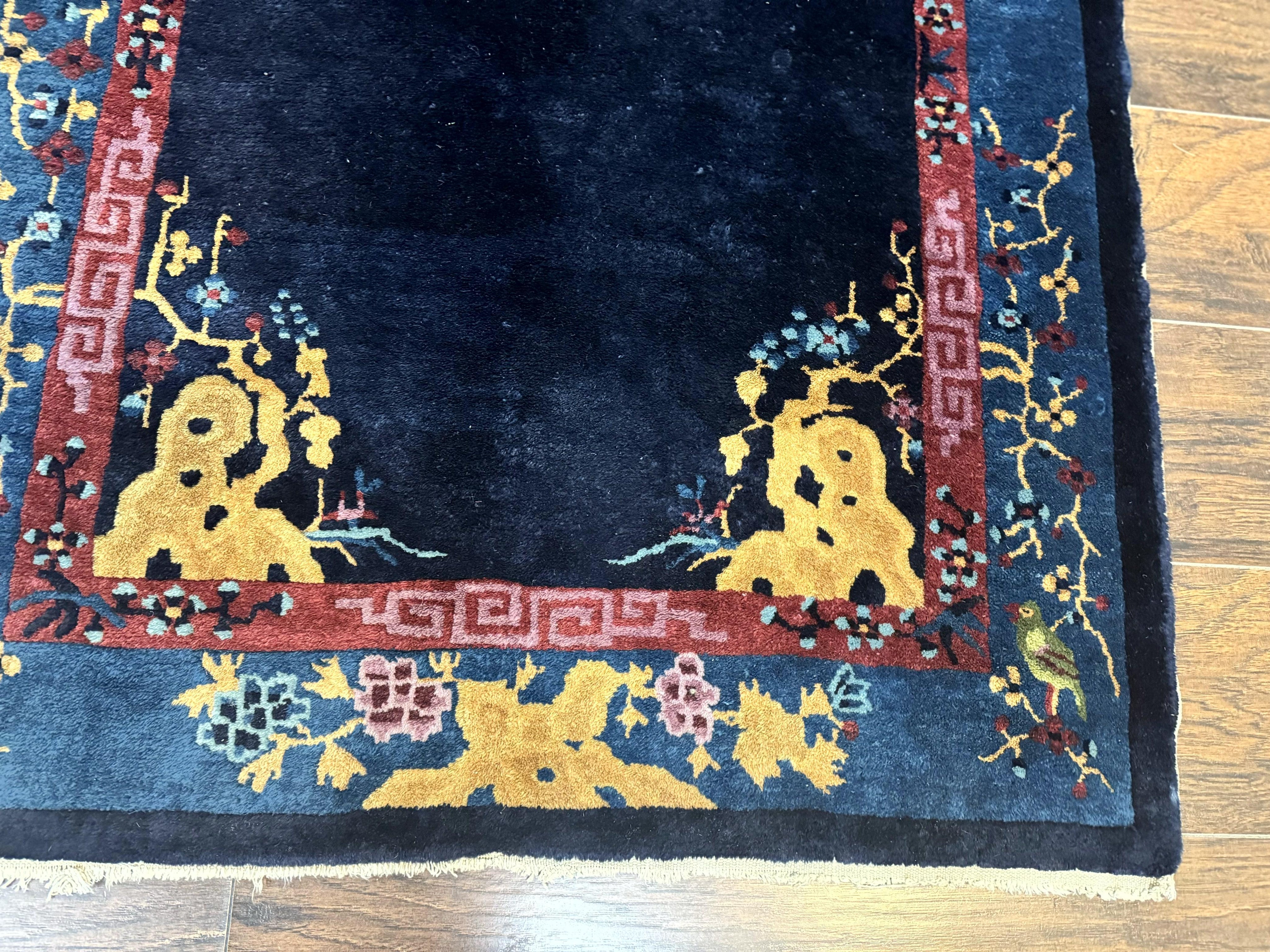 Antique Chinese Peking Rug 3x6, Dark Blue, Bird Motif, Handmade Wool Art Deco Asian Oriental Carpet, Pair A